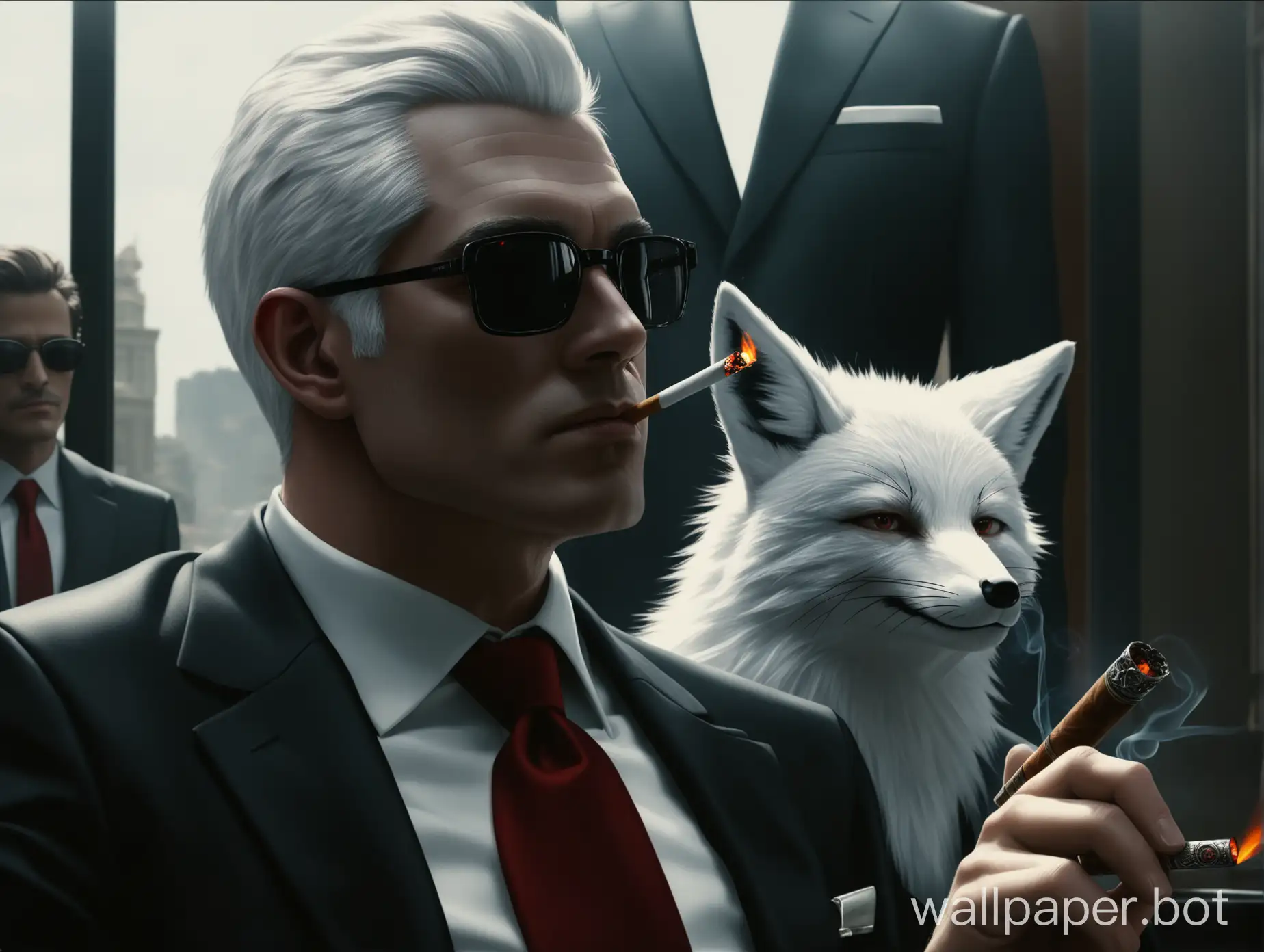 white fox in black suite and red tie smoking a sigar in sungglass, realistic , hyperdetailed ,  movie shot