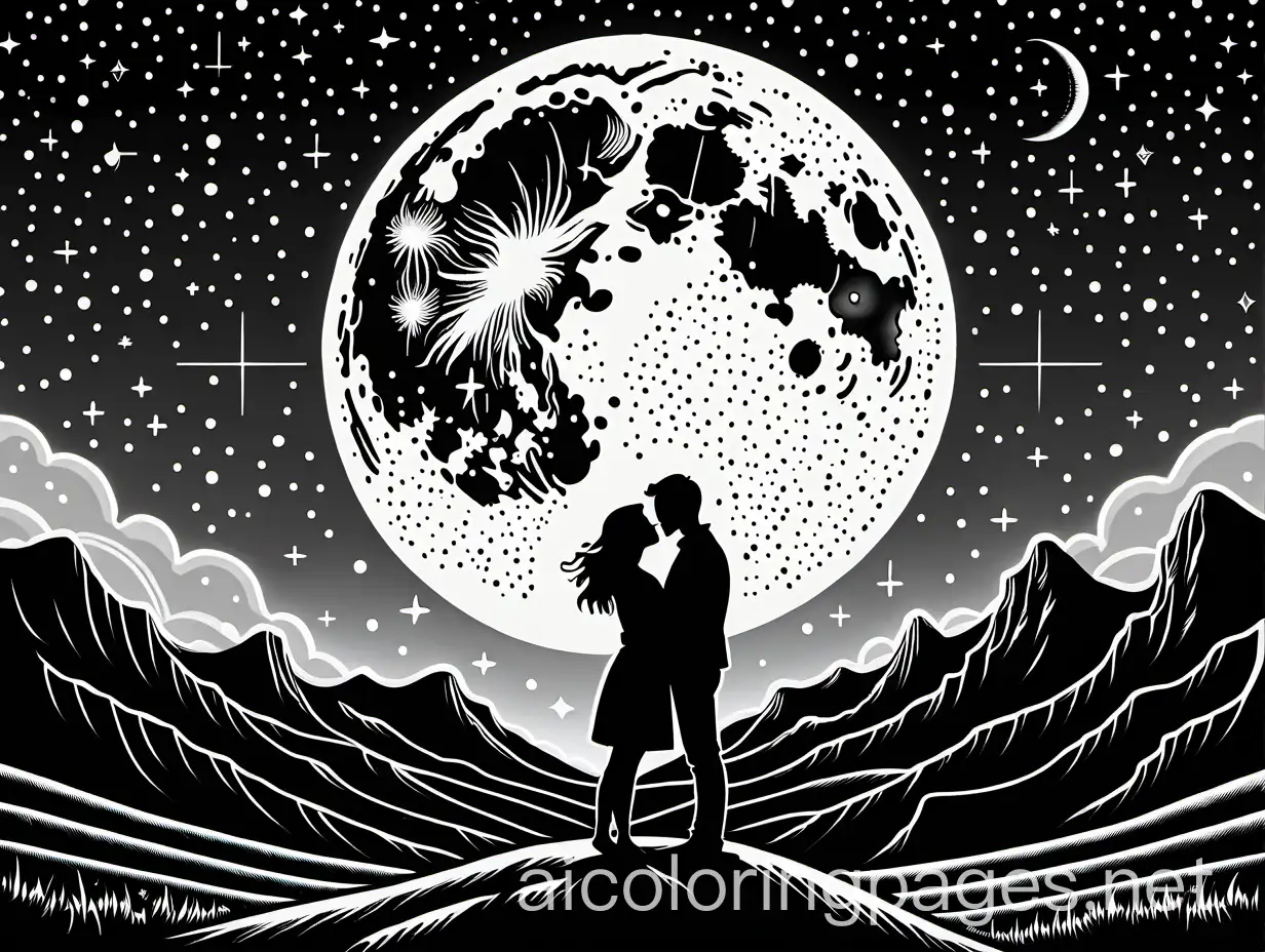 A couple stands embraced, looking at each other, against the backdrop of a huge moon and starry night sky, Coloring Page, black and white, line art, white background, Simplicity, Ample White Space. The background of the coloring page is plain white to make it easy for young children to color within the lines. The outlines of all the subjects are easy to distinguish, making it simple for kids to color without too much difficulty