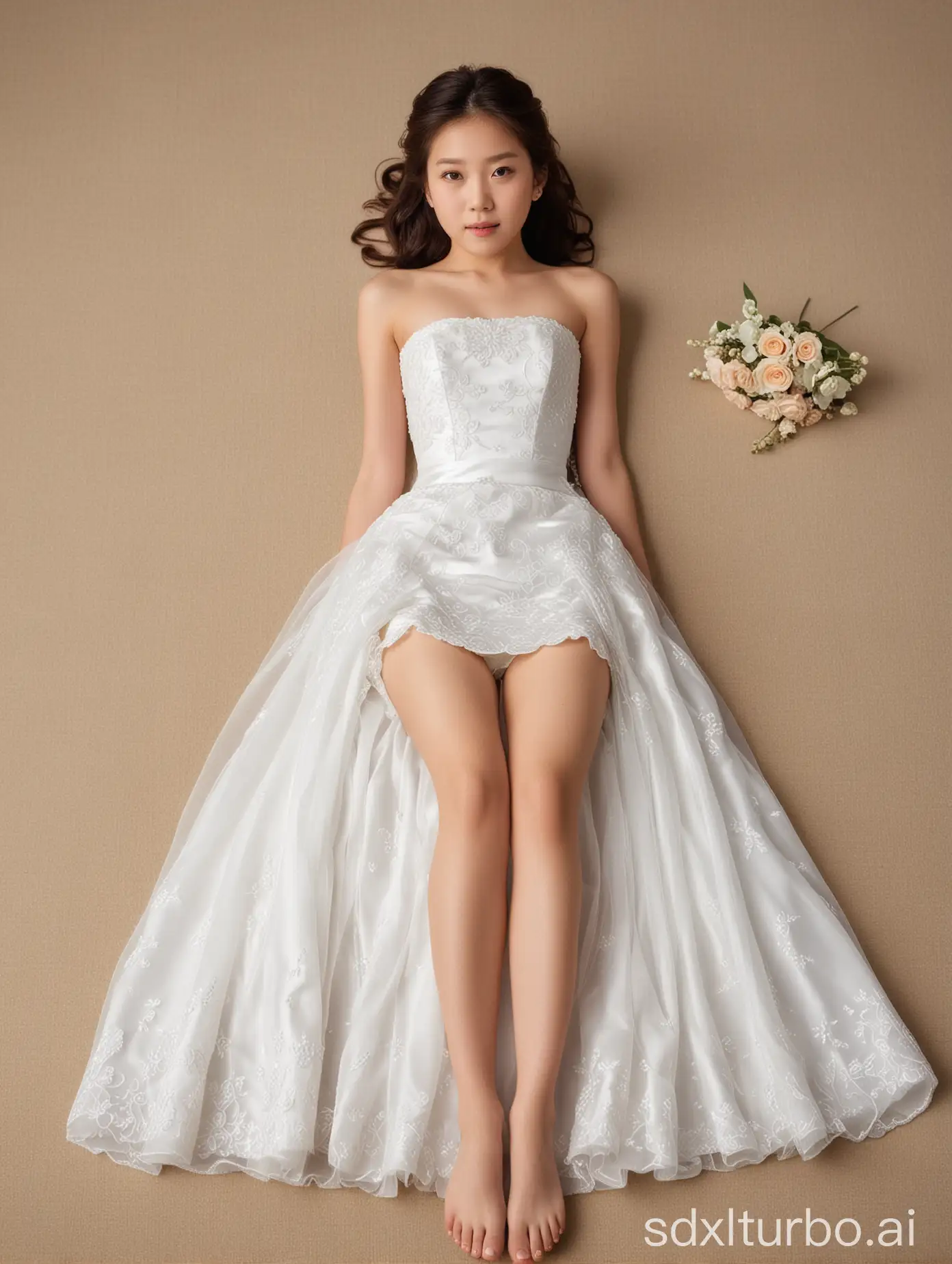 11yo,1girl,Japanese,white strapless short wedding dress,full body,lying