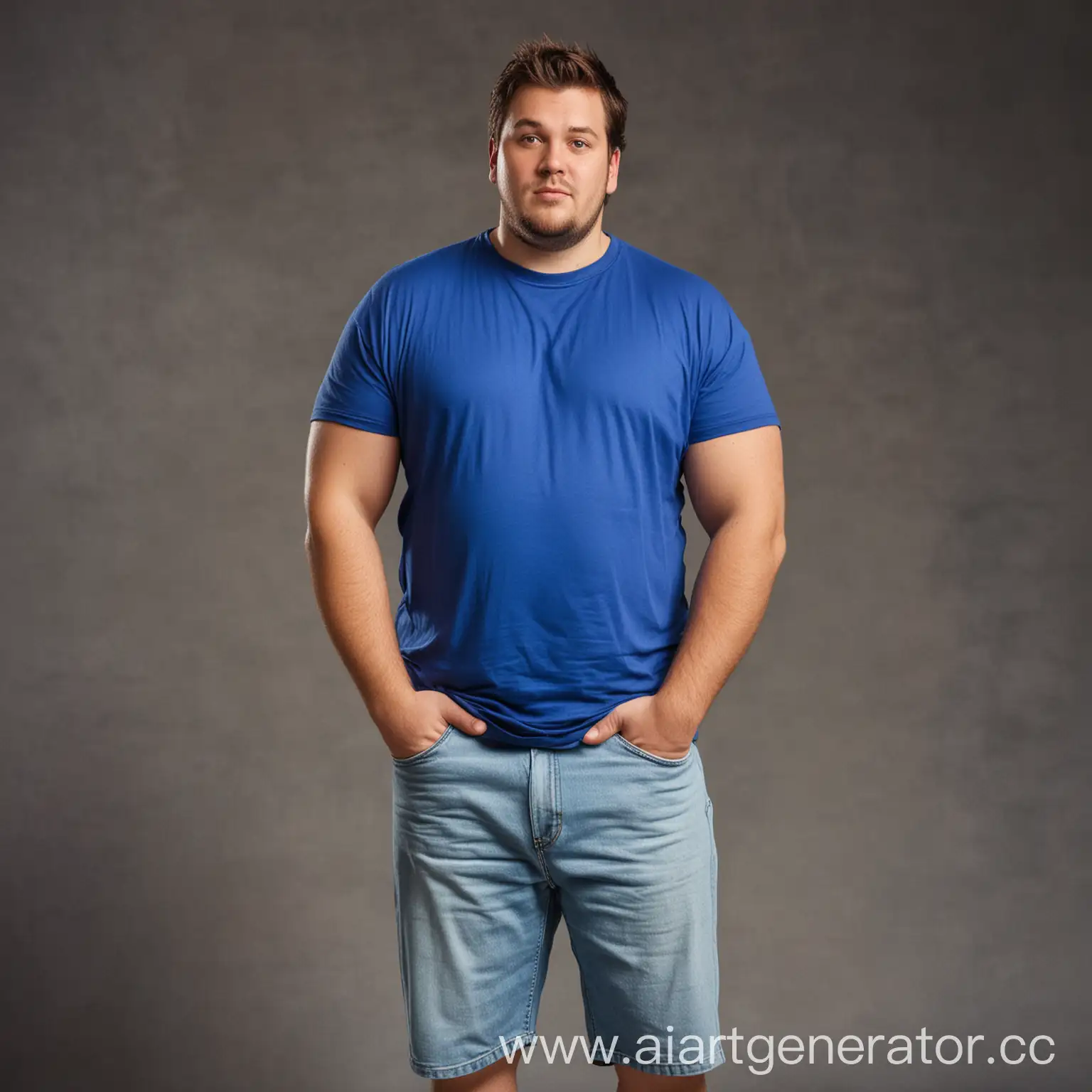 толстый мужчина в футболке синего цвета