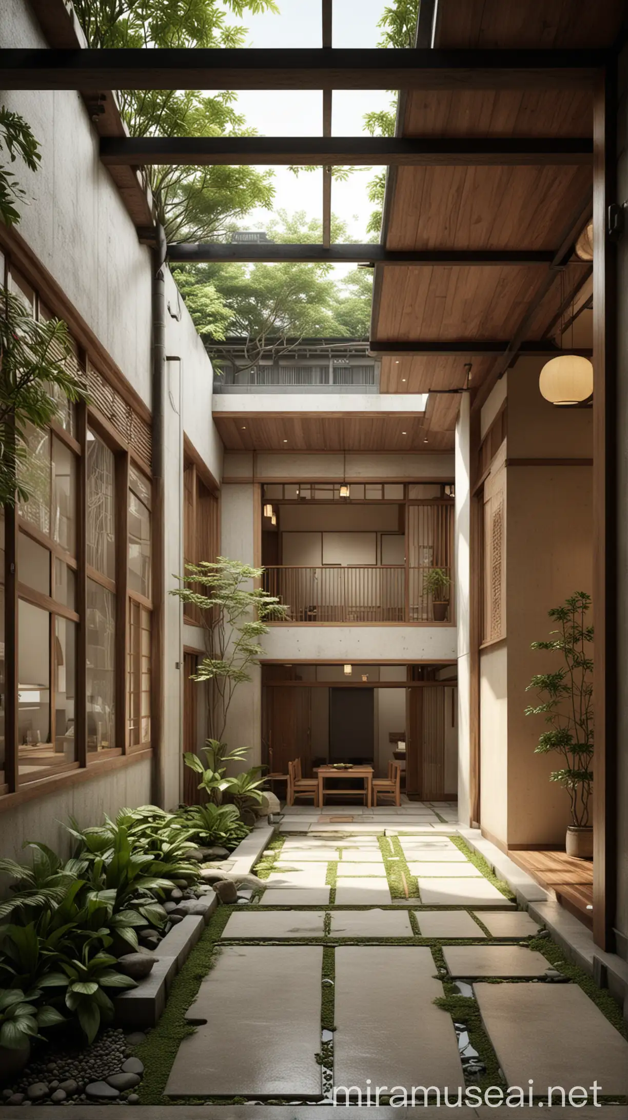 render of innercourt in modern japanese house in indonesia urban environtment
