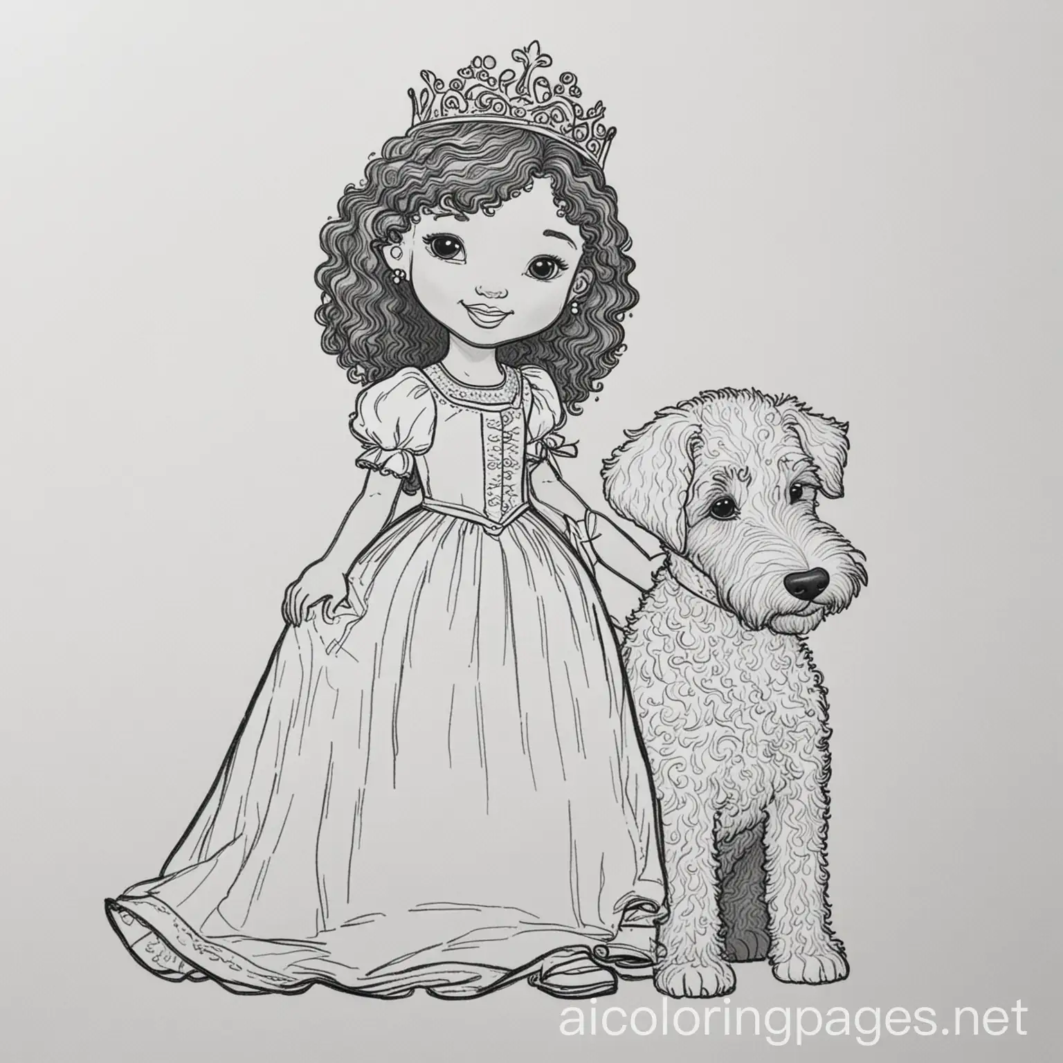 create a picture of a child African American princess with a labradoodle next to her, Coloring Page, black and white, line art, white background, Simplicity, Ample White Space. The background of the coloring page is plain white to make it easy for young children to color within the lines. The outlines of all the subjects are easy to distinguish, making it simple for kids to color without too much difficulty
