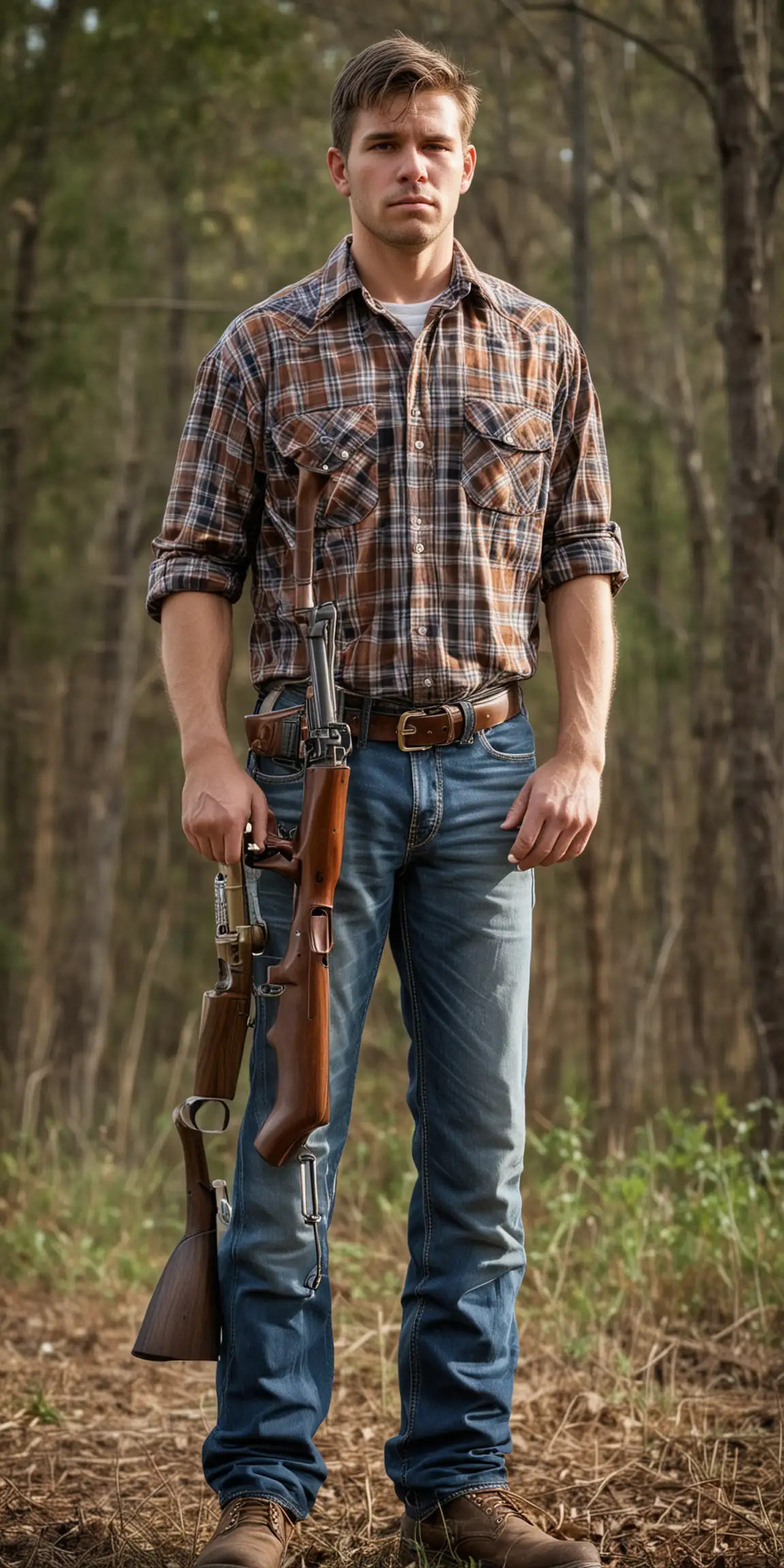 Sad Southern American Man Holding Hunting Rifle