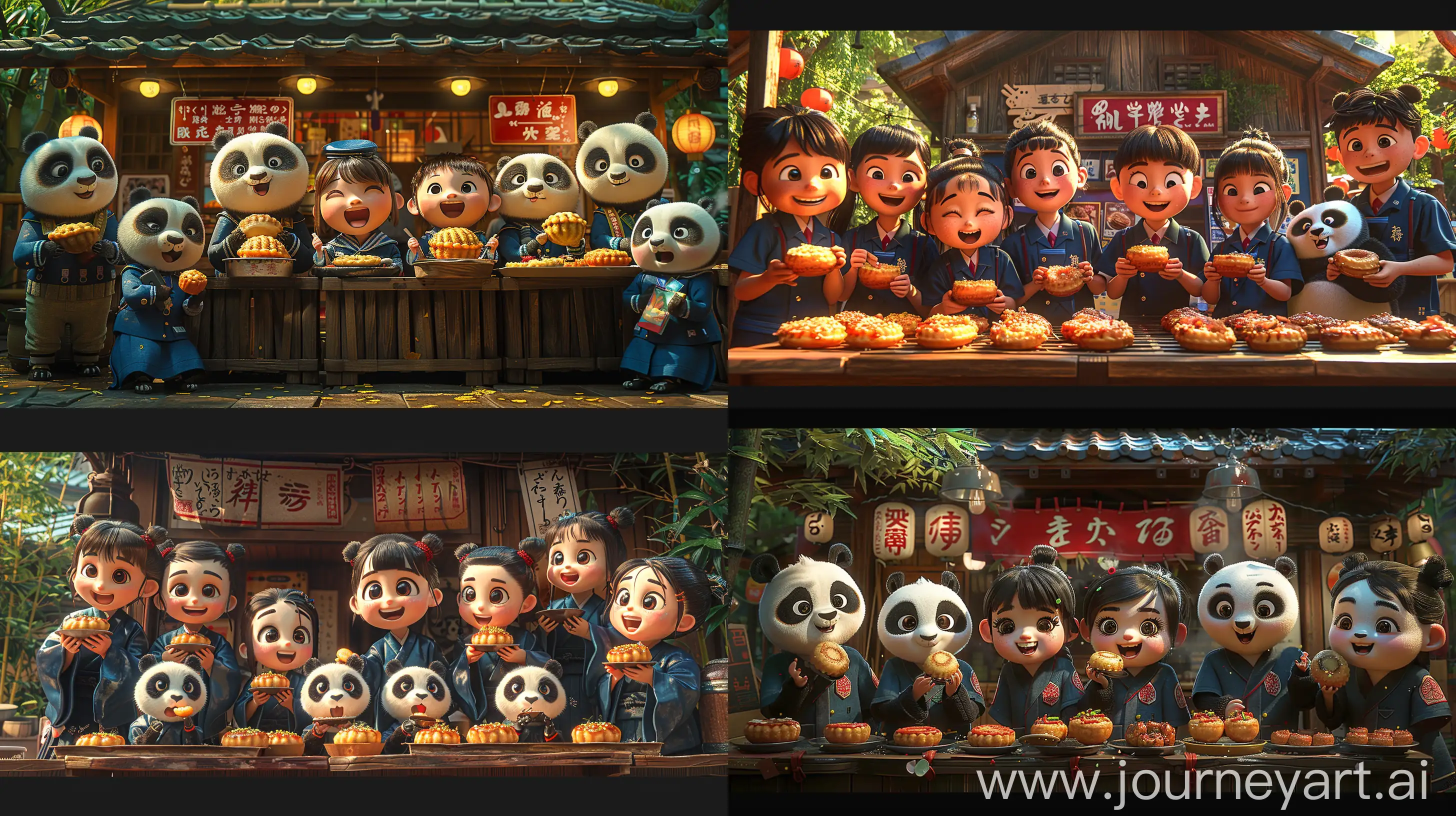 Vibrant group of 8 animated characters in dark blue school uniforms, enjoying takoyaki together, lively Japanese street food stand backdrop, wooden exterior, red and white signage, traditional urban festival atmosphere, joyful expressions, detailed food textures, panda character whimsy, cultural celebration, friendship and camaraderie, bright color palette with green trees, glossy uniform textures, English and Japanese text elements --ar 16:9 --s 750 --v 6