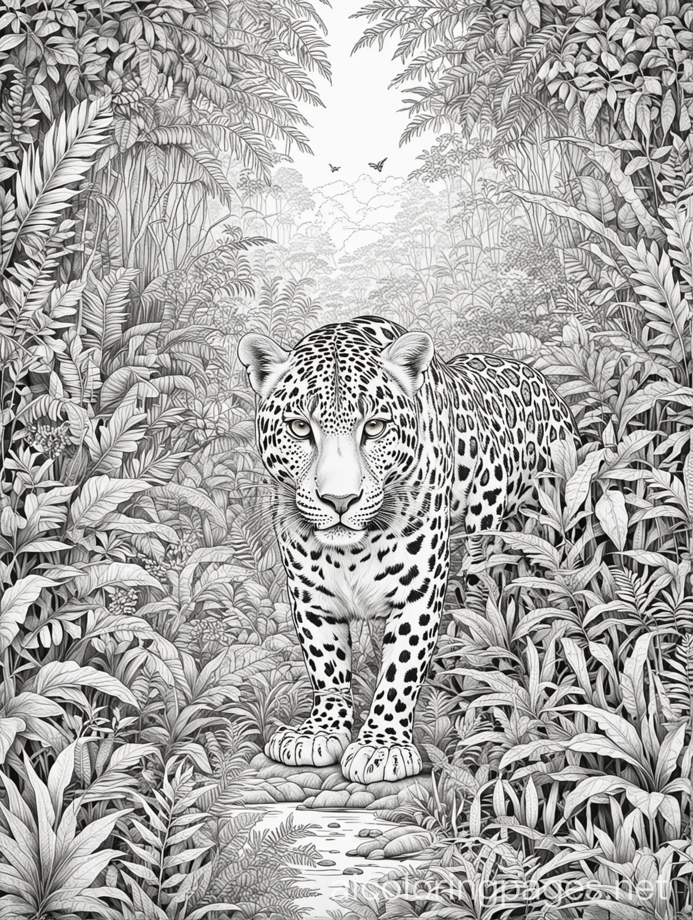 jungle scene with lush plants and wild animals, leopard as the center focal point of coloring book page, Coloring Page, black and white, line art, white background, Simplicity, Ample White Space. The background of the coloring page is plain white to make it easy for young children to color within the lines. The outlines of all the subjects are easy to distinguish, making it simple for kids to color without too much difficulty