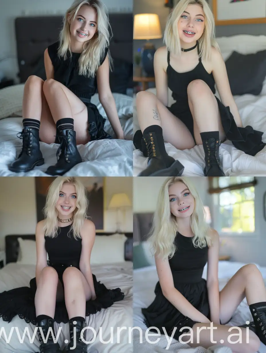 a blonde young woman, 20 years old,  influencer, beauty, black dress, makeup,, ,, black boots, ,sitting, , thick legs, socks and boots, 4k, lying  on bed, dental braces,  blue eye, 
 , fat legs, , smiling, close up,  front view
