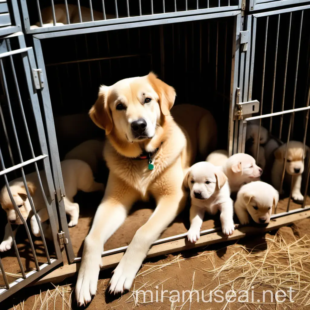 Beautiful Kennel Scene Dog and Puppies with Supportive Owner in Sunlit Farm