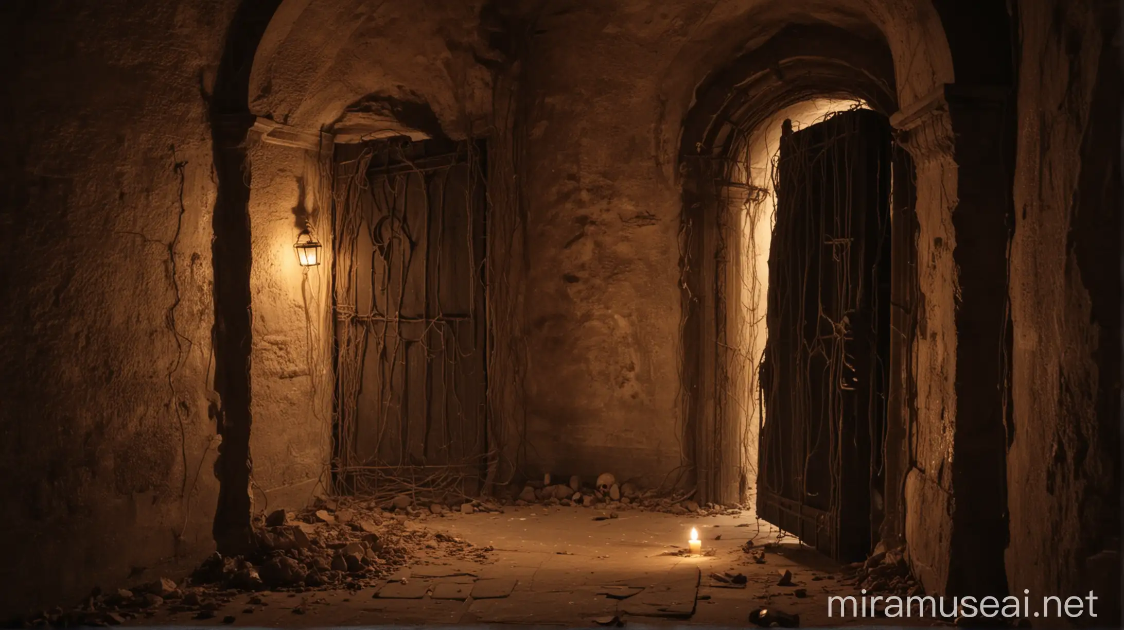 Mysterious Dungeon Entrance with Candlelight and Cobwebs
