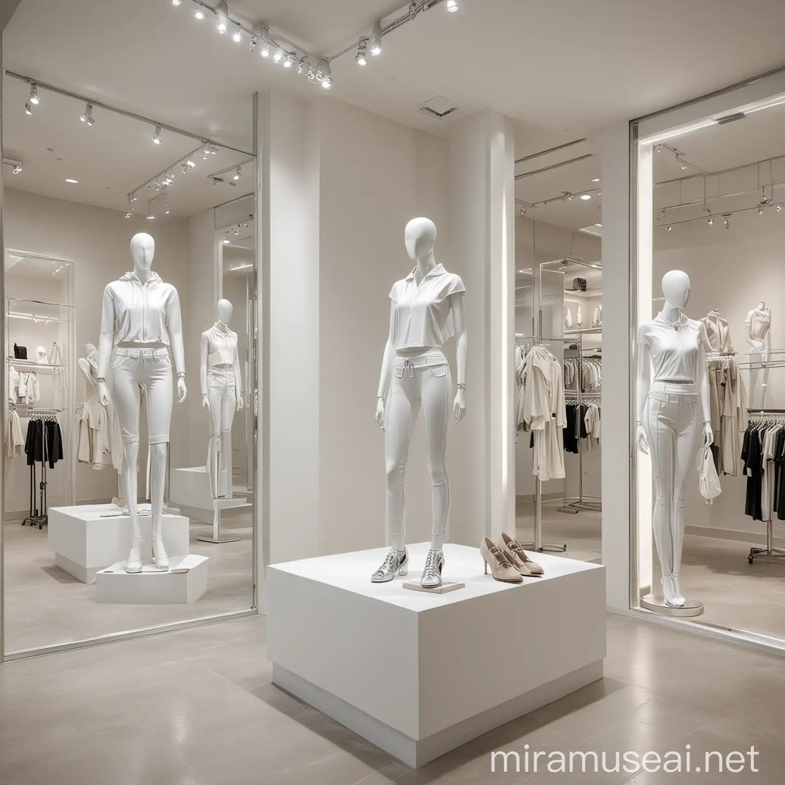 Design a high-end activewear boutique featuring a sleek white decor, clear windows, and a modern steel aesthetic. Add mannequins, clothing and shoes in neutral colors 