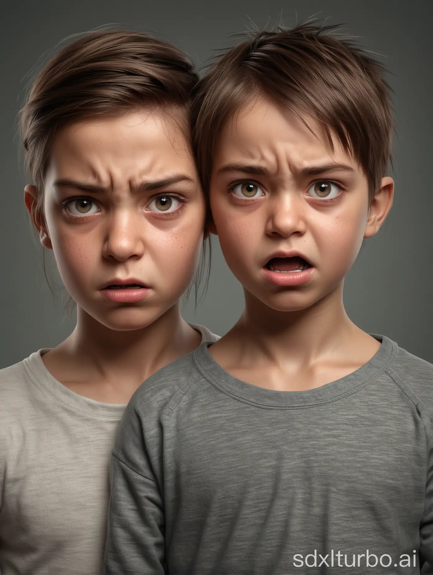 Two-Children-Expressing-Doubt-and-Anger-Photorealistic-Portrayal