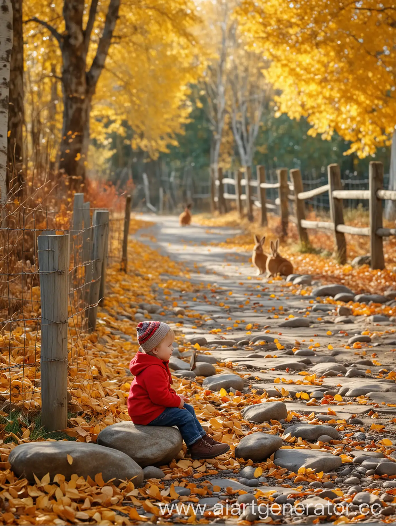 Маленький ребенок сидит на камне, рядом забор, под ногами опавшие желтые листья, осень, падают желтые листья, рядом сидят рыжие зайцы, на фоне осенний лес, фон размыт, очень реалистично