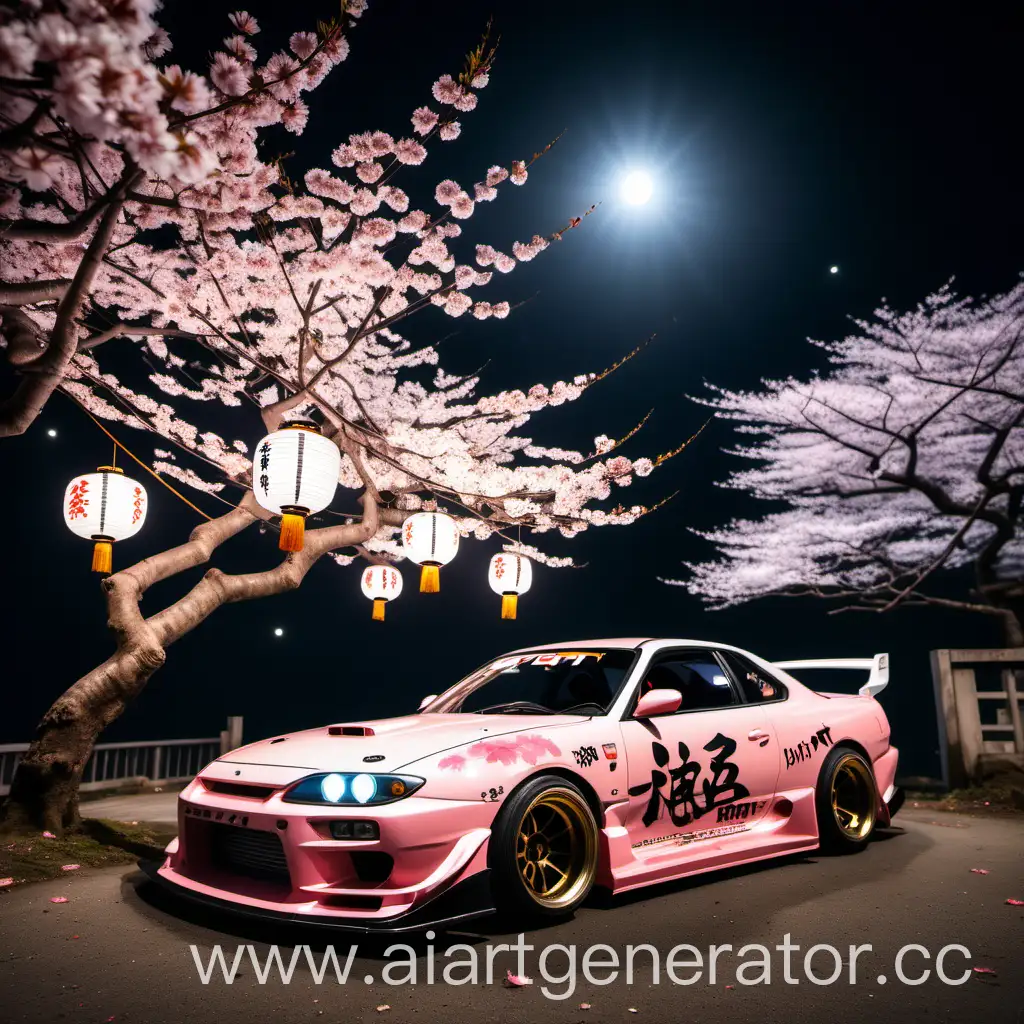 Дрифт машина из Японии на лунном фоне, рядом есть фонарики и дерево сакура