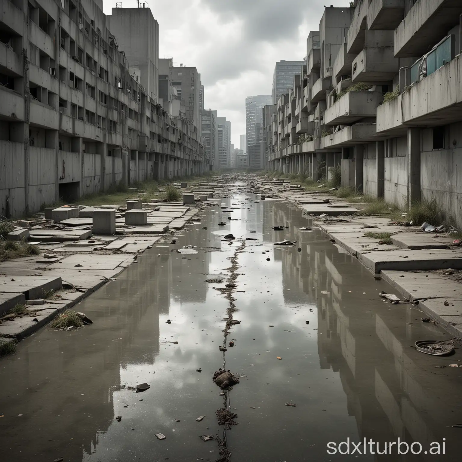 create an image of a dismal concrete city and cynical city