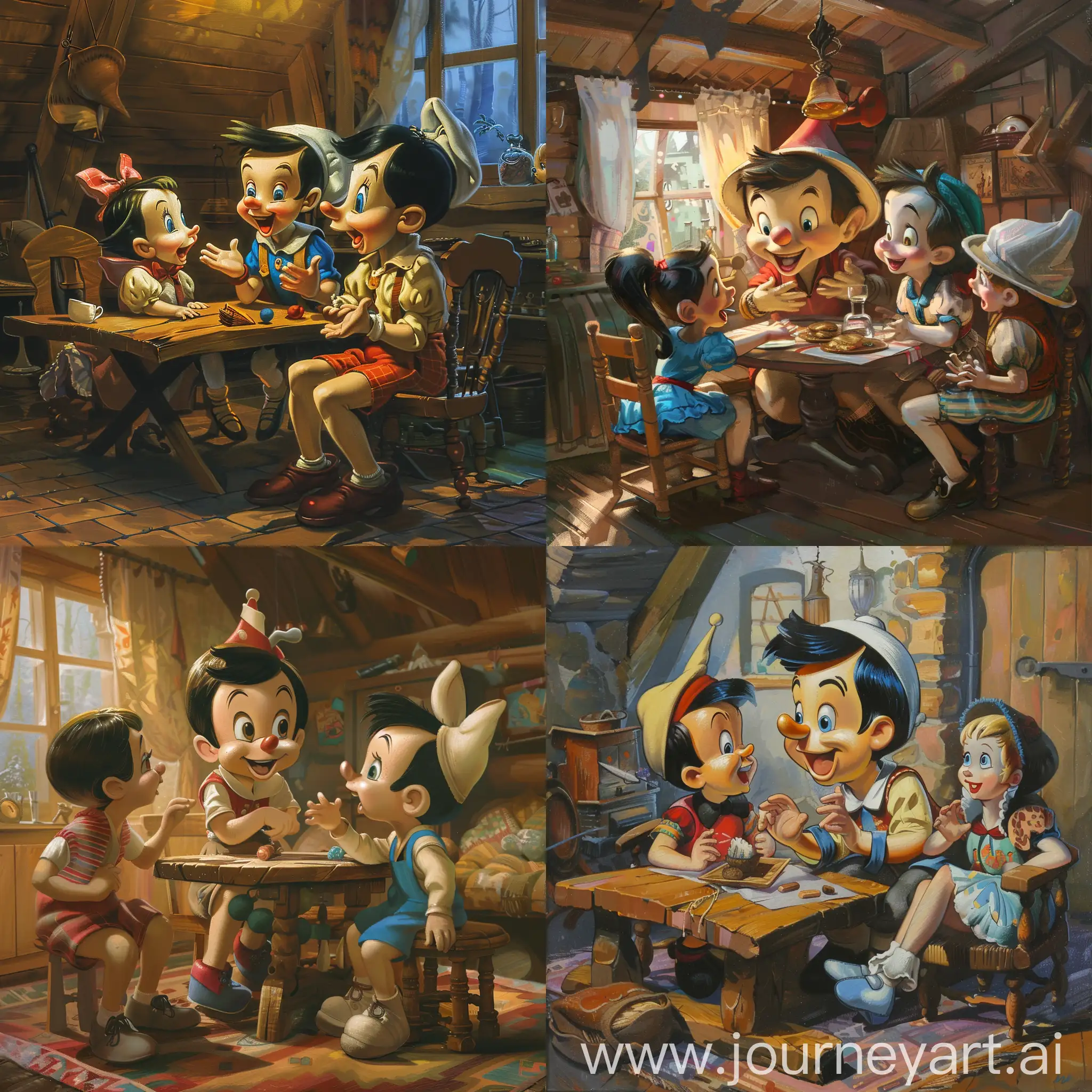 A cozy house. Pinocchio, Malvina, Pierrot and Artemon are sitting at the table. Pinocchio is having fun telling his friends something. Everything is in the style of Soviet animation