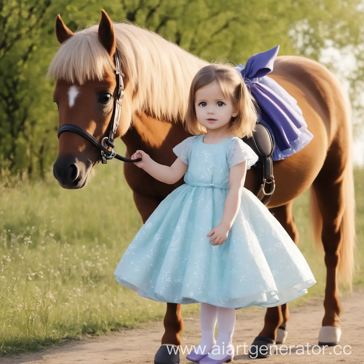 Девочка 3 года в платье на маленьком пони. 