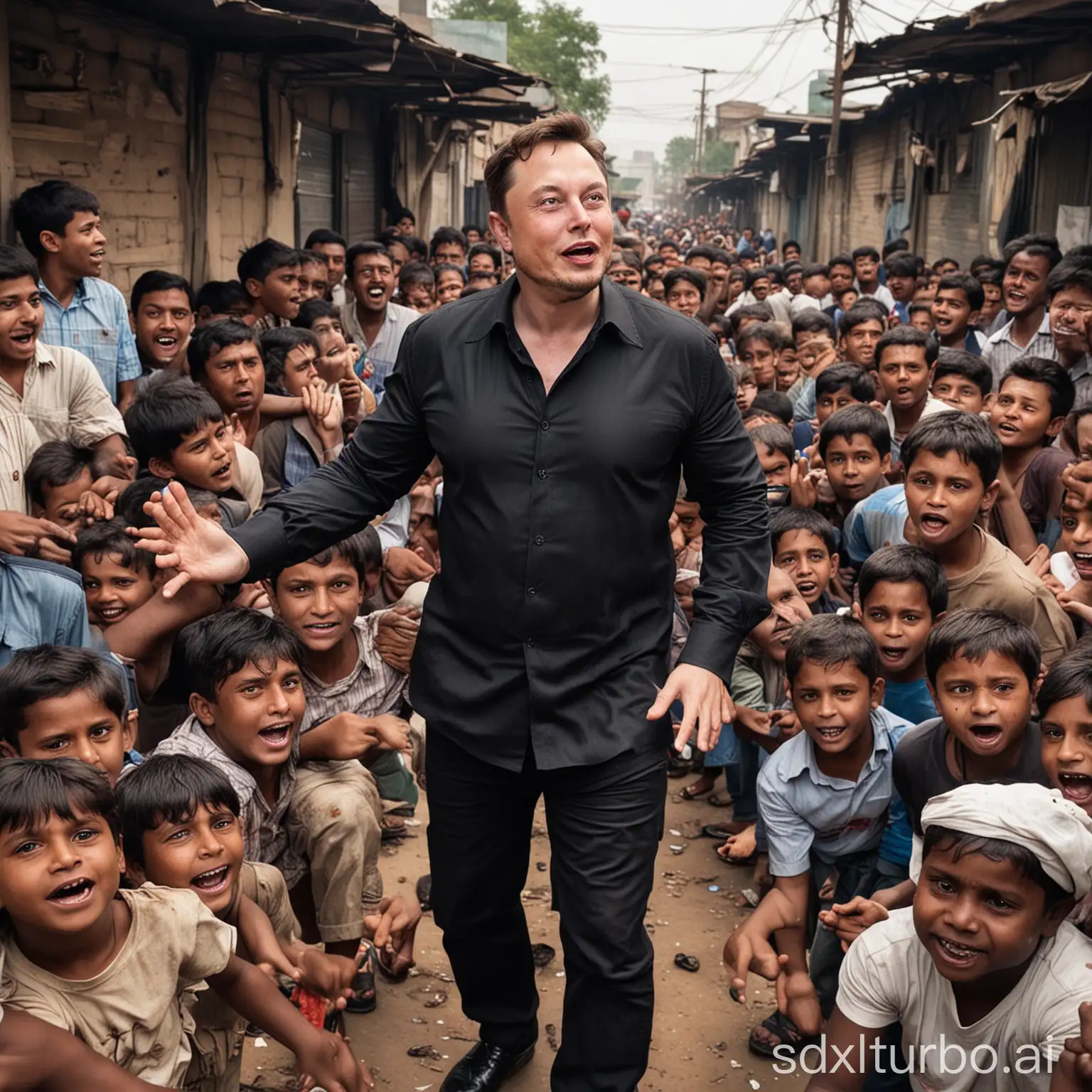 elon musk coming from the slums of mumbai in his and all the kids and people are crying because he stole all there money