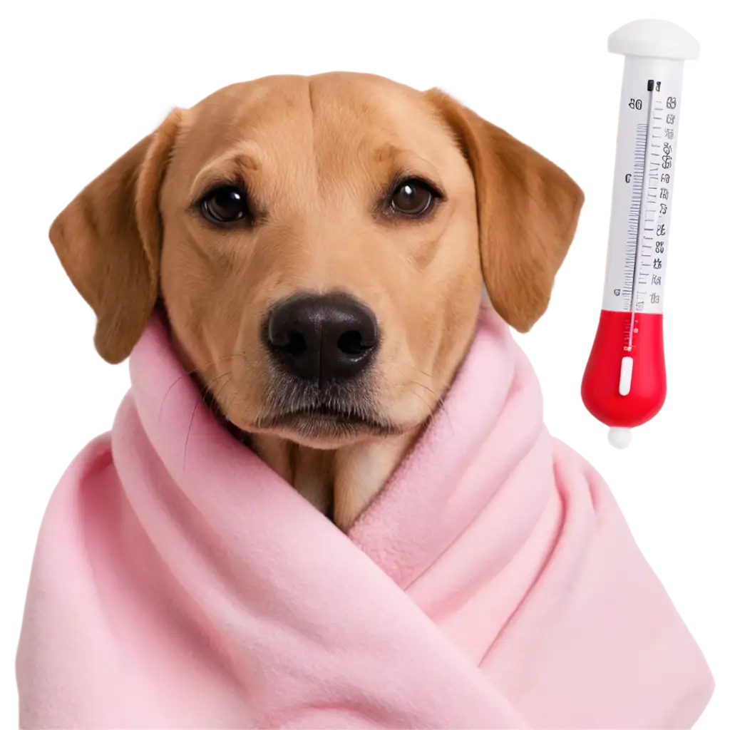 Adorable-Dog-Wrapped-in-Pink-Blanket-with-Thermometer-PNG-Image