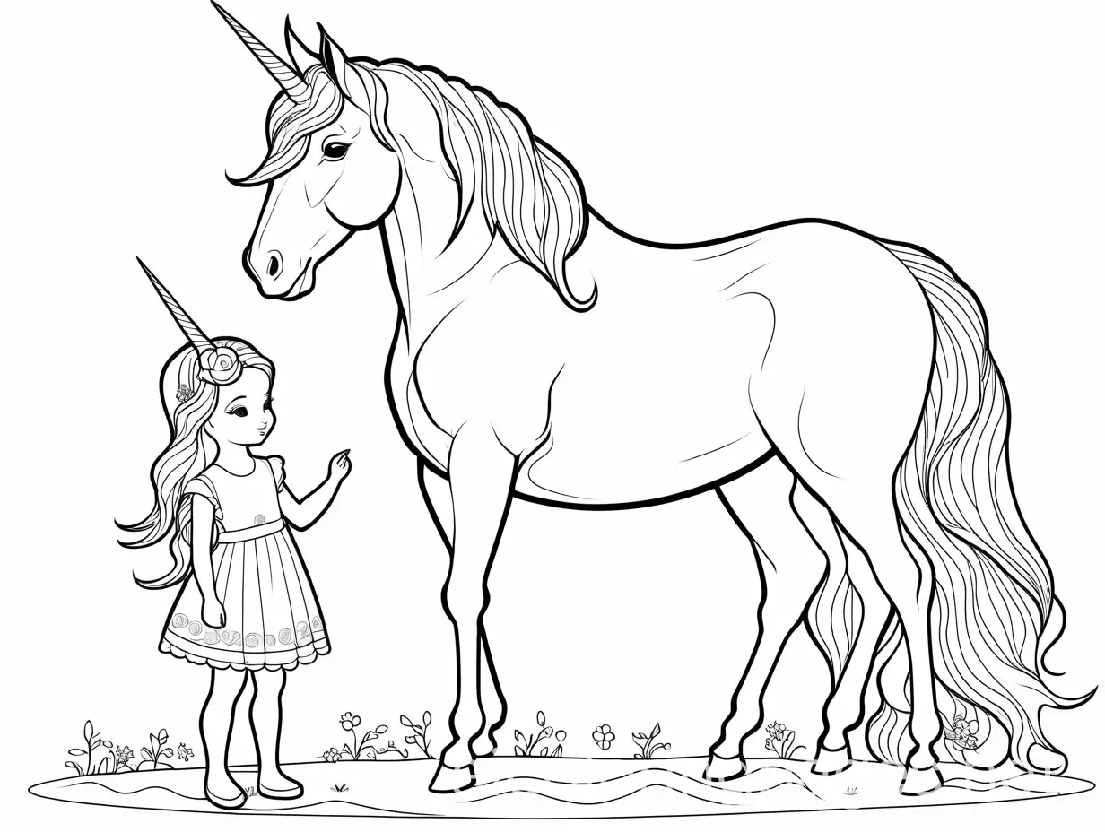 a bab unicorn with a small girl on the side, Coloring Page, black and white, line art, white background, Simplicity, Ample White Space. The background of the coloring page is plain white to make it easy for young children to color within the lines. The outlines of all the subjects are easy to distinguish, making it simple for kids to color without too much difficulty