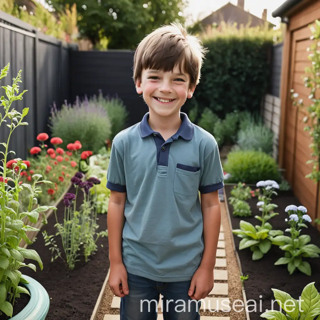 an image of a boy standing in the garden smiling
