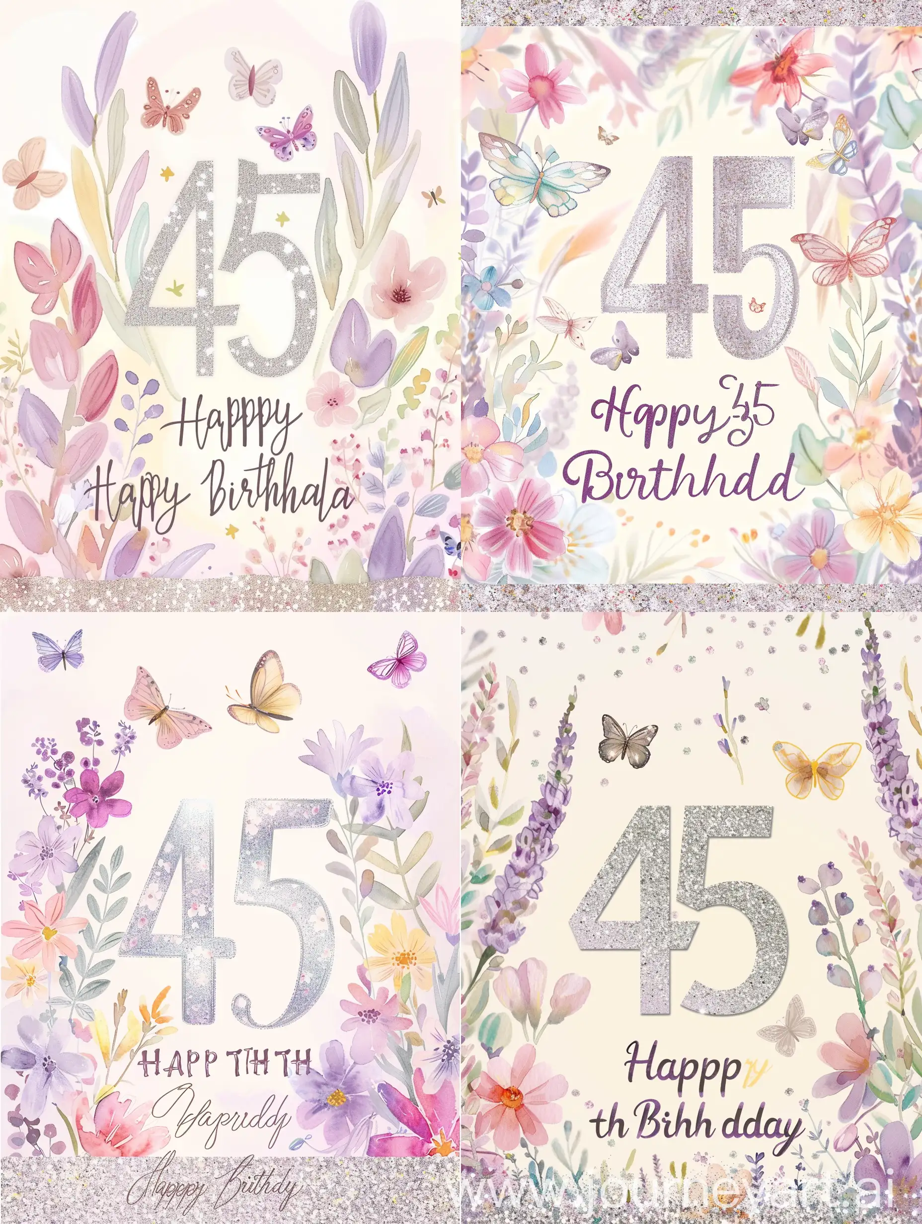 Elegant-45th-Birthday-Greeting-Card-with-Watercolor-Florals-and-Butterflies