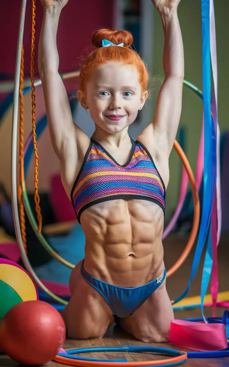Young-Rhythmic-Gymnast-Girl-with-Ginger-Hair-and-Muscular-Abs-in-String-Swimsuit-at-Home