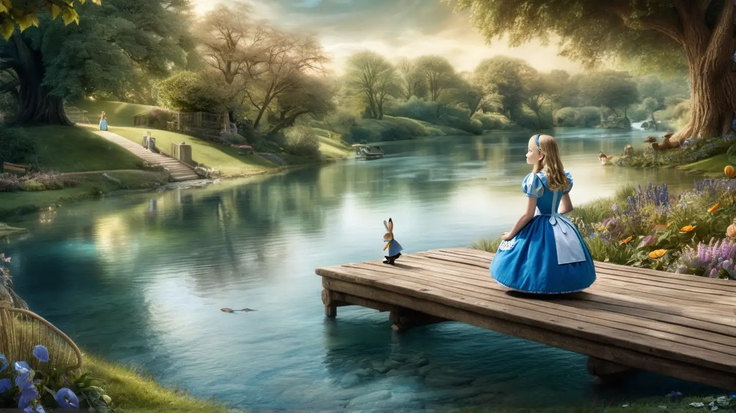 alice's adventures in wonderland
Alice's Realization:

Scene: Alice looks out at the peaceful river, contemplating the lessons learned from Wonderland. Show her vow to keep dreaming and imagining, looking hopeful and inspired for future adventures.