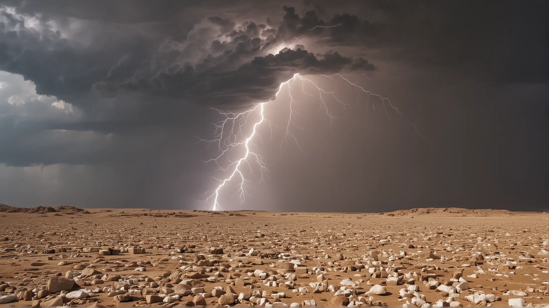 A scene where heavy hail with thunder and lightning hail is pouring down on  the deserts of Egypt, during the era of the Biblical Moses.