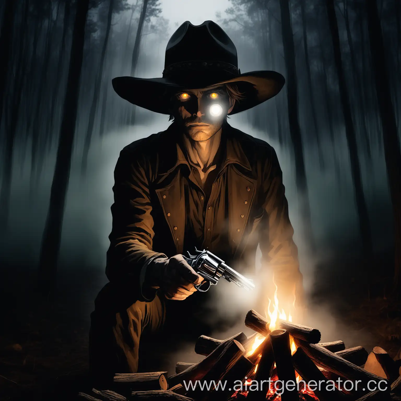 Mysterious-Cowboy-with-Shining-Eyes-and-Revolver-in-Dark-Forest