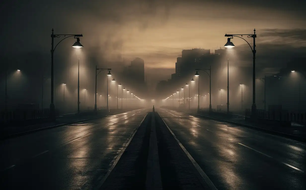 A Dark Mysterious Scene, Wide Angle, fog, street lights, late evening time, No People in Sight