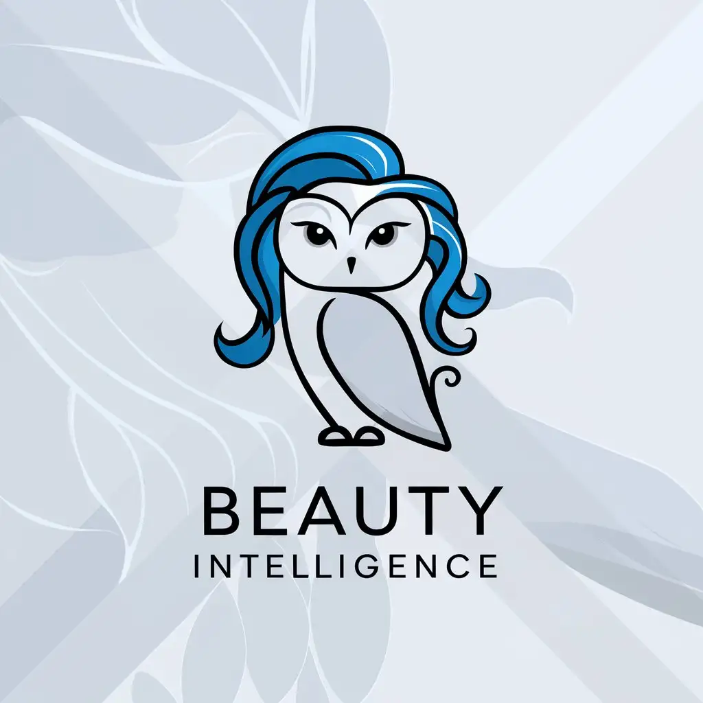 a logo design,with the text "Beauty Intelligence", main symbol:this logo should include a modern minimalist owl icon, with beautiful long curly blue hair like women's hair. Colors blue. must be a background white,Moderate,clear background
