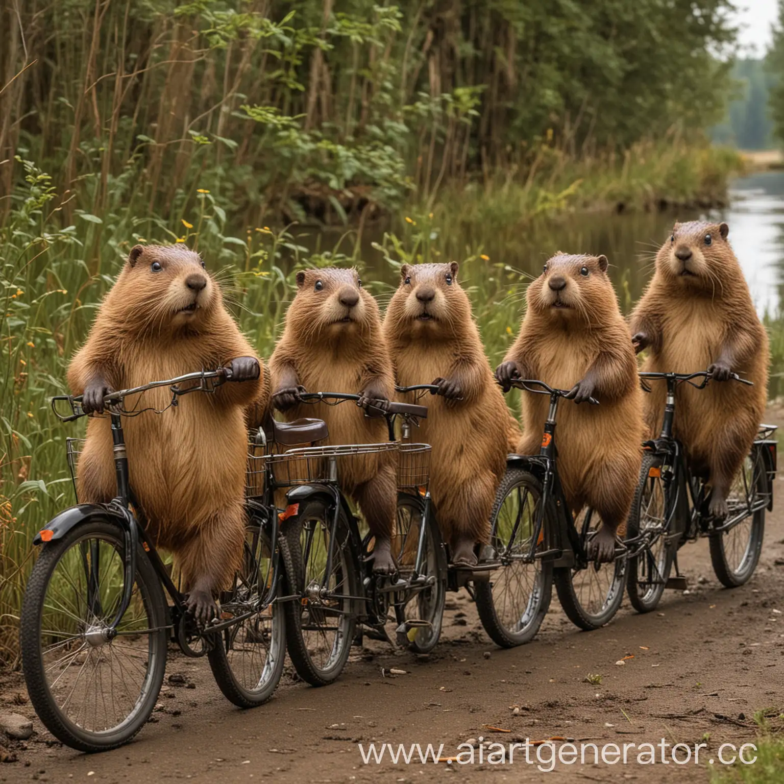 Beavers-Riding-Bicycles-in-a-Tranquil-Forest-Setting