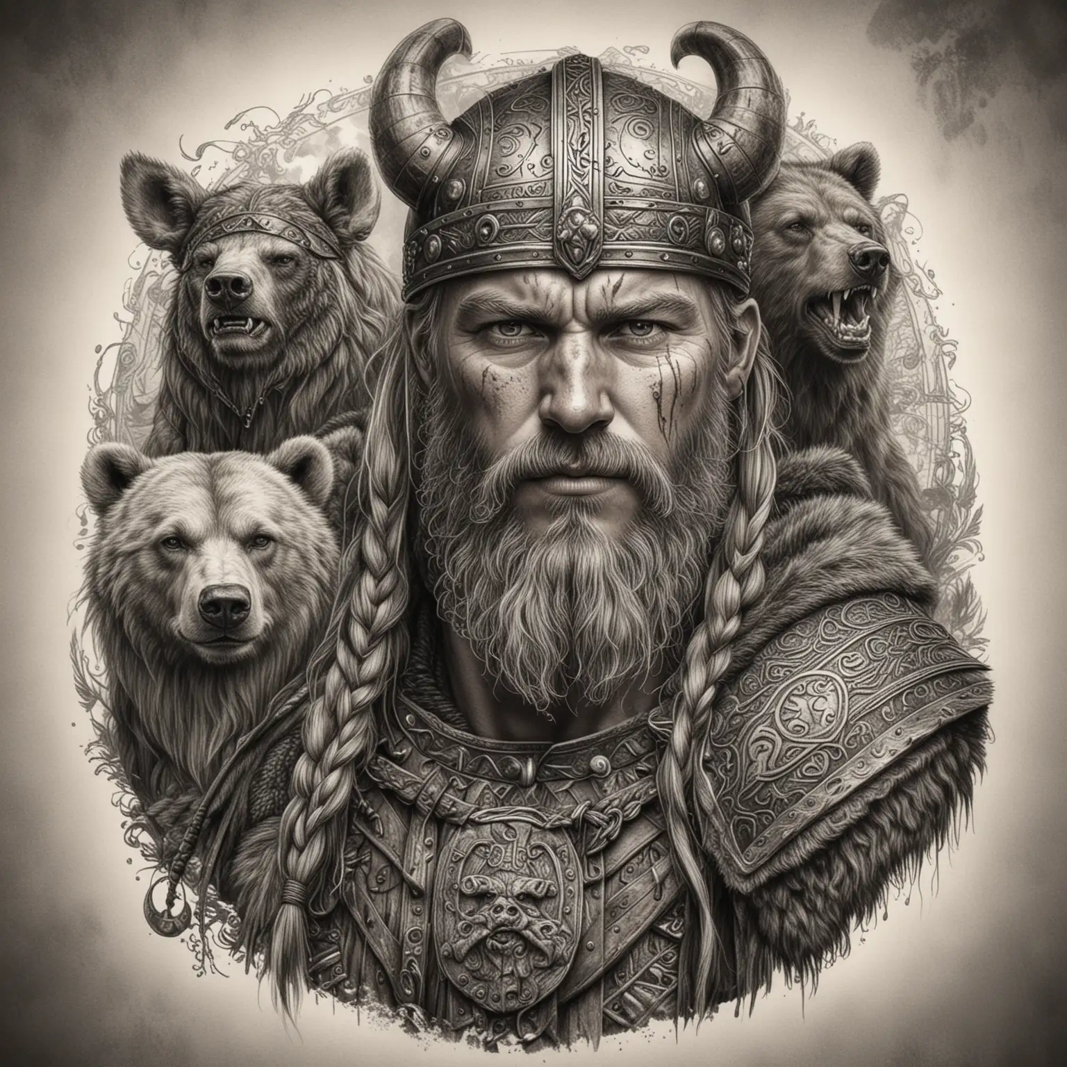 Realistic-Viking-with-Bear-Drawing-in-Detailed-Pencil-Graphic-Style