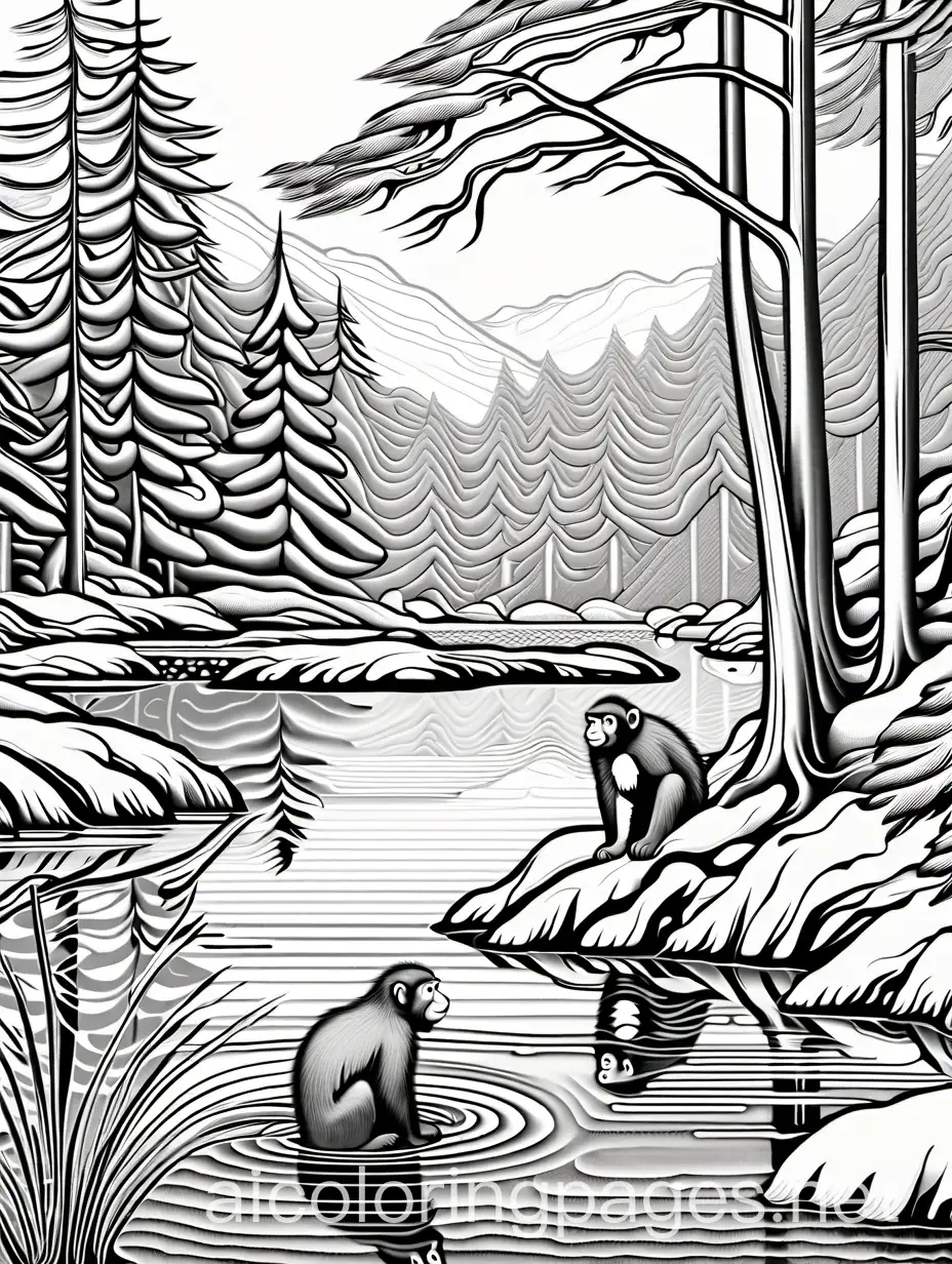 snow monkeys in a hot pond, trees in the background, painted by Arthur Rackham, highly detailed, elegant, intricate oil on canvas, very attractive, beautiful high definition, crisp quality, Coloring Page, black and white, line art, white background, Simplicity, Ample White Space. The background of the coloring page is plain white to make it easy for young children to color within the lines. The outlines of all the subjects are easy to distinguish, making it simple for kids to color without too much difficulty
