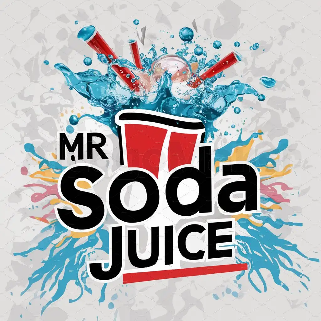 a logo design,with the text "Mr Soda Juice", main symbol:water and fizz coming out of soda cup, lots of bubbles exploding, splashes of water, lots of color,Moderate,be used in Restaurant industry,clear background