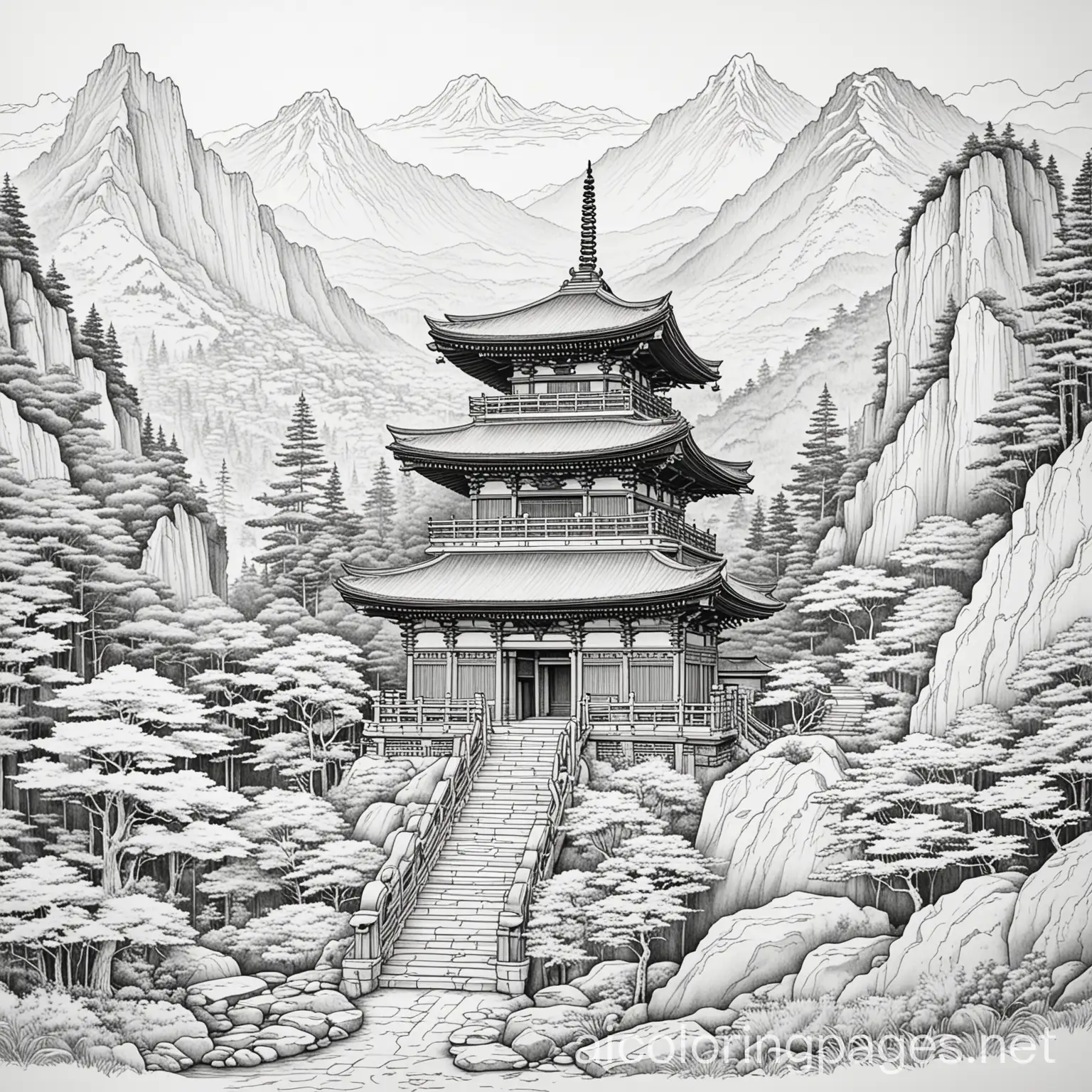 a black and white line drawing of a japanese temple in the mountains, coloring page, ample white space, bold lines easy for kids to color inside the lines, Coloring Page, black and white, line art, white background, Simplicity, Ample White Space. The background of the coloring page is plain white to make it easy for young children to color within the lines. The outlines of all the subjects are easy to distinguish, making it simple for kids to color without too much difficulty
