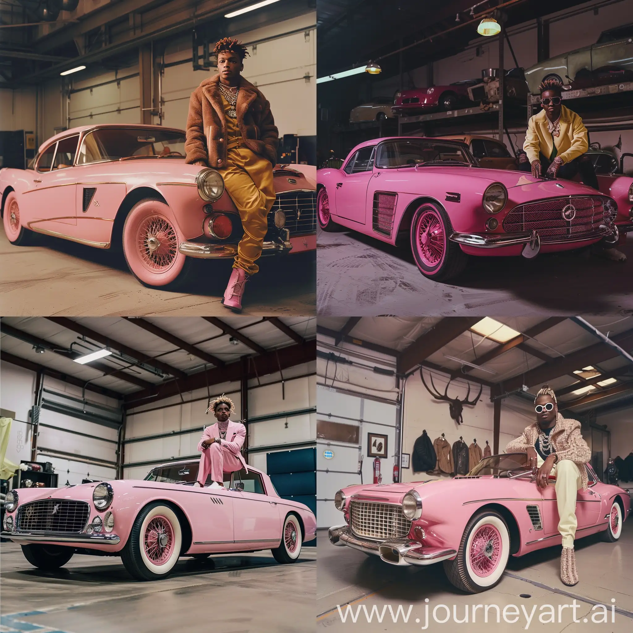 a photograph of juice wrld wearing 1960s clothes next to a Pink 1954 Facel Vega FV with pink rims in a expensive garage 