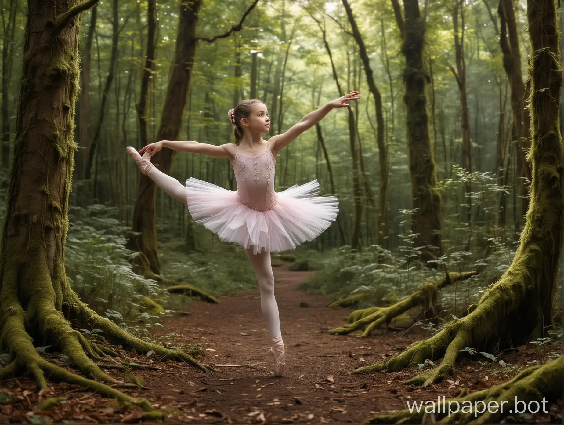 girl, aged 10, performing ballet in a forest setting surrounded by mythical creatures