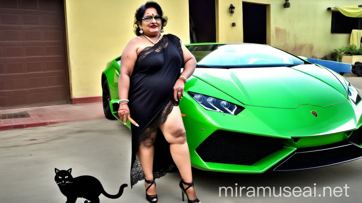 , a  desi mature  fat woman having big stomach age 49 years old attractive looks with make up on face ,binding her high volume hairs, Bun Hairstyle. wearing metal anklet on feet and high heels, smoking a cigar  in her hand  and a lighter , smoke is coming out from cigar  . she is happy and smiling. she is wearing pearl neck lace in her neck , earrings in ears, a power spectacles on her eyes and wearing  only a  white bath towel on her body. she is standing holding  a big black cat , behind there is a green Lamborghini Huracán  car, 
