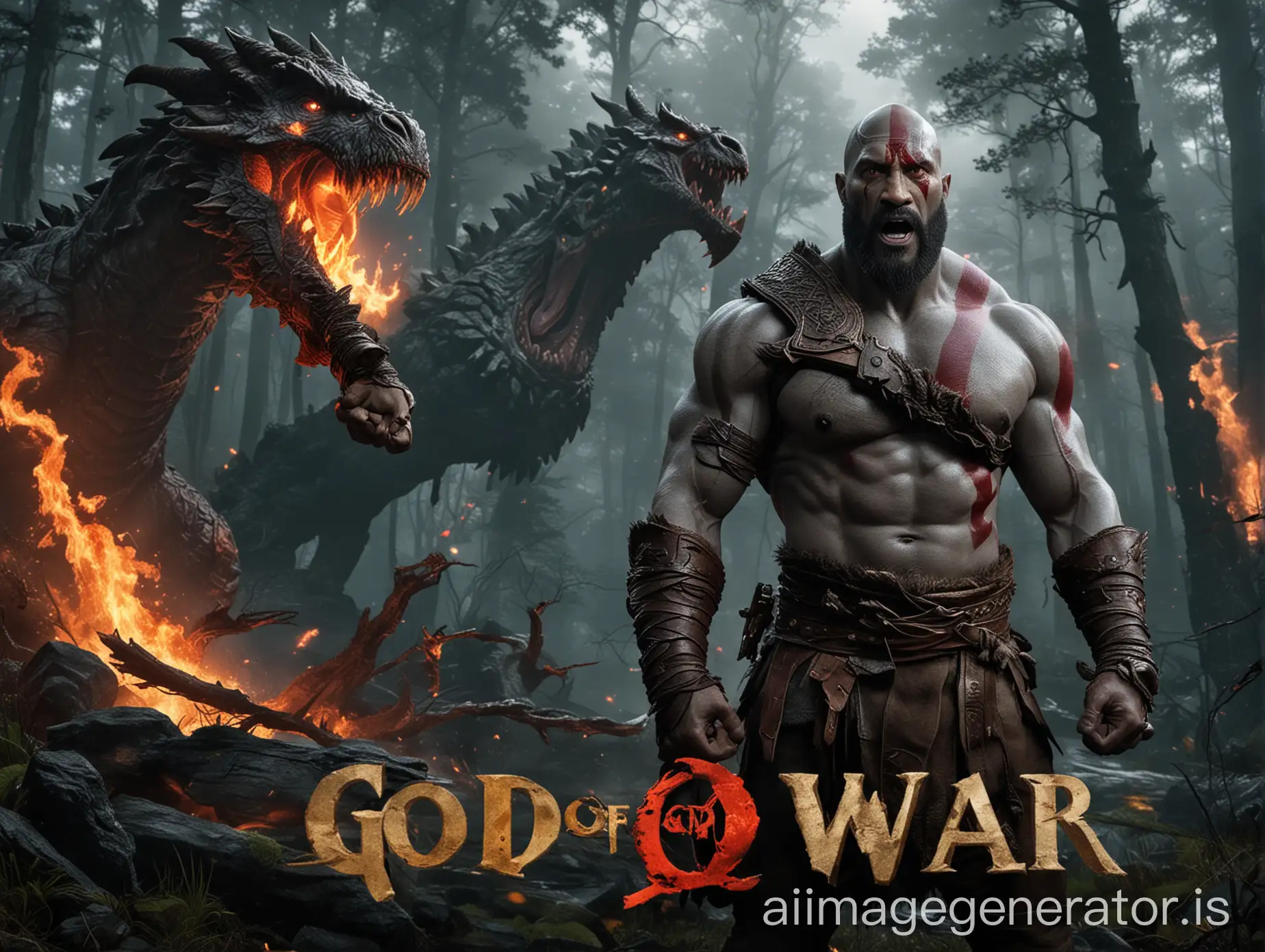 God-of-War-Movie-Poster-Dwayne-Johnson-in-Aggressive-Stance-with-Forest-and-Dragon-Background