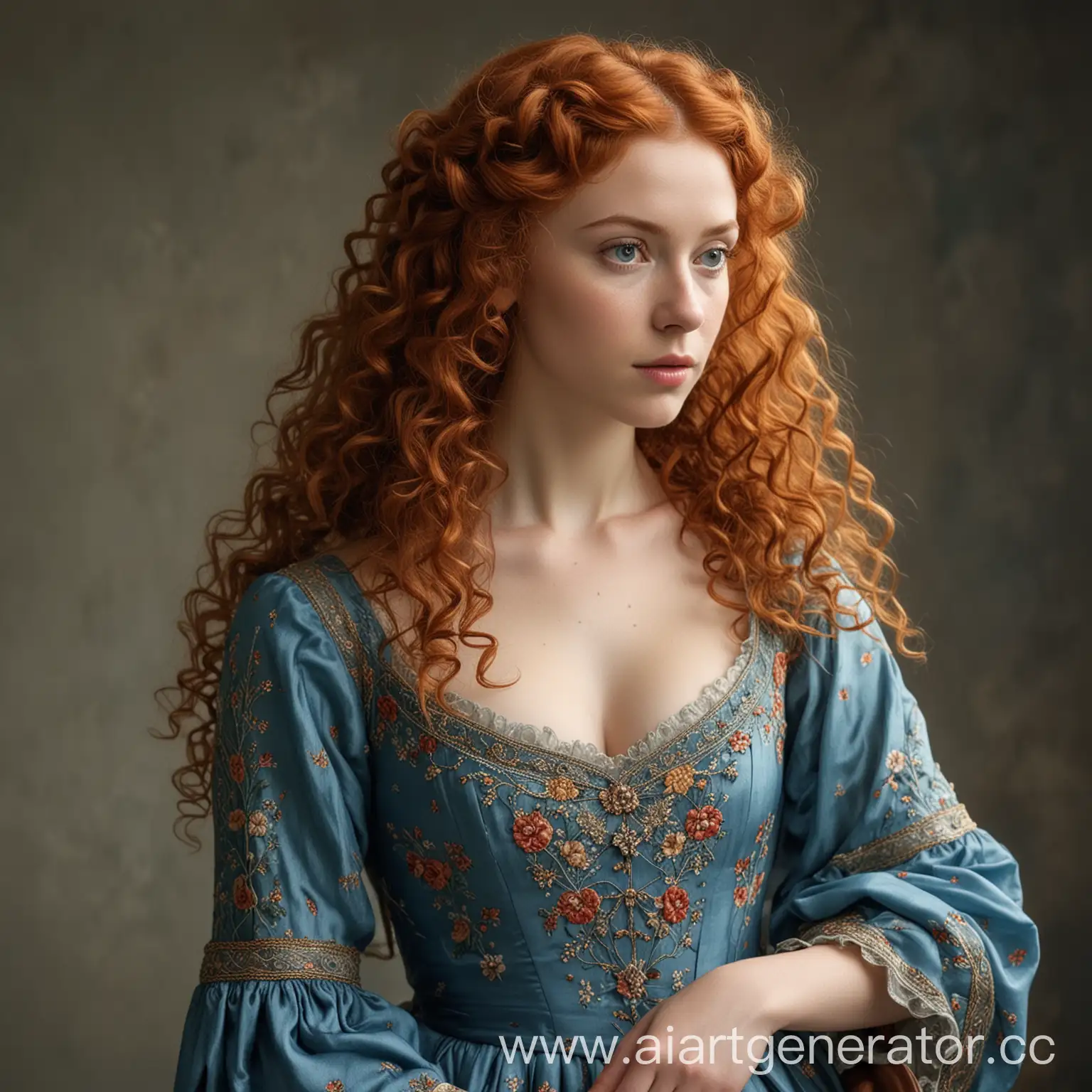 Medieval-Noblewoman-in-Blue-Floral-Dress-with-Luxurious-Red-Hair
