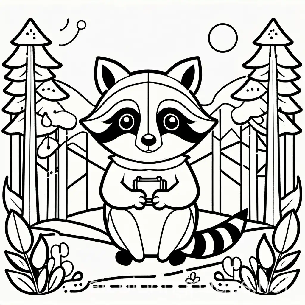 racoon taking picture, Coloring Page, black and white, line art, white background, Simplicity, Ample White Space. The background of the coloring page is plain white to make it easy for young children to color within the lines. The outlines of all the subjects are easy to distinguish, making it simple for kids to color without too much difficulty