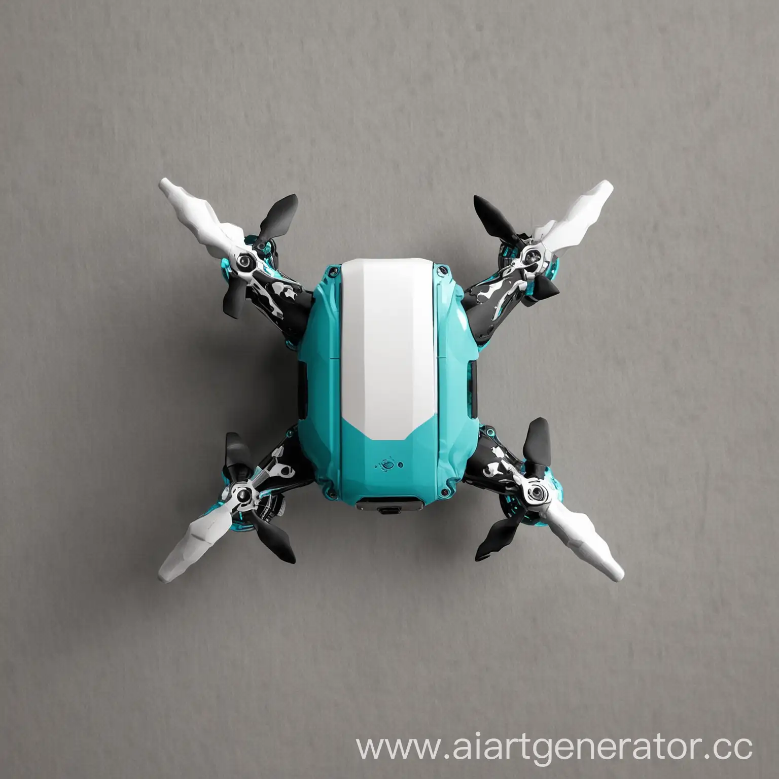 Turquoise-Black-and-White-Mini-Drone-Flying-in-Urban-Setting