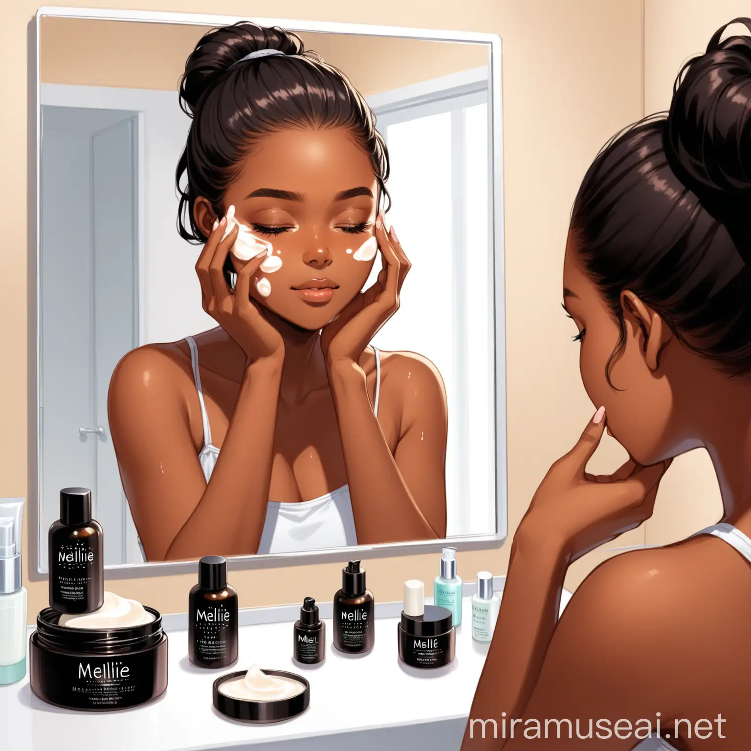 Dark skin girl, sitting in her make room, looking in her mirror on her beautiful face, as she massage her face with moisturizer from a black jar, labeled Mellie Bior 