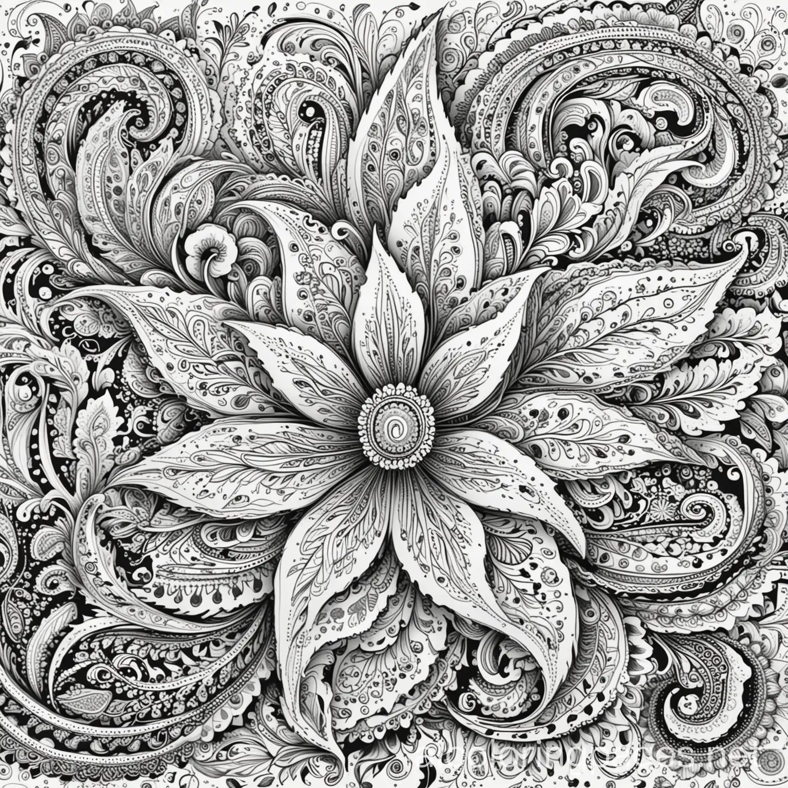 Beautiful flower with detailed paisley design inside, white background, clear crisp lines, no grayscale, no shadows, no shading, Coloring Page, black and white, line art, white background, Simplicity, Ample White Space.