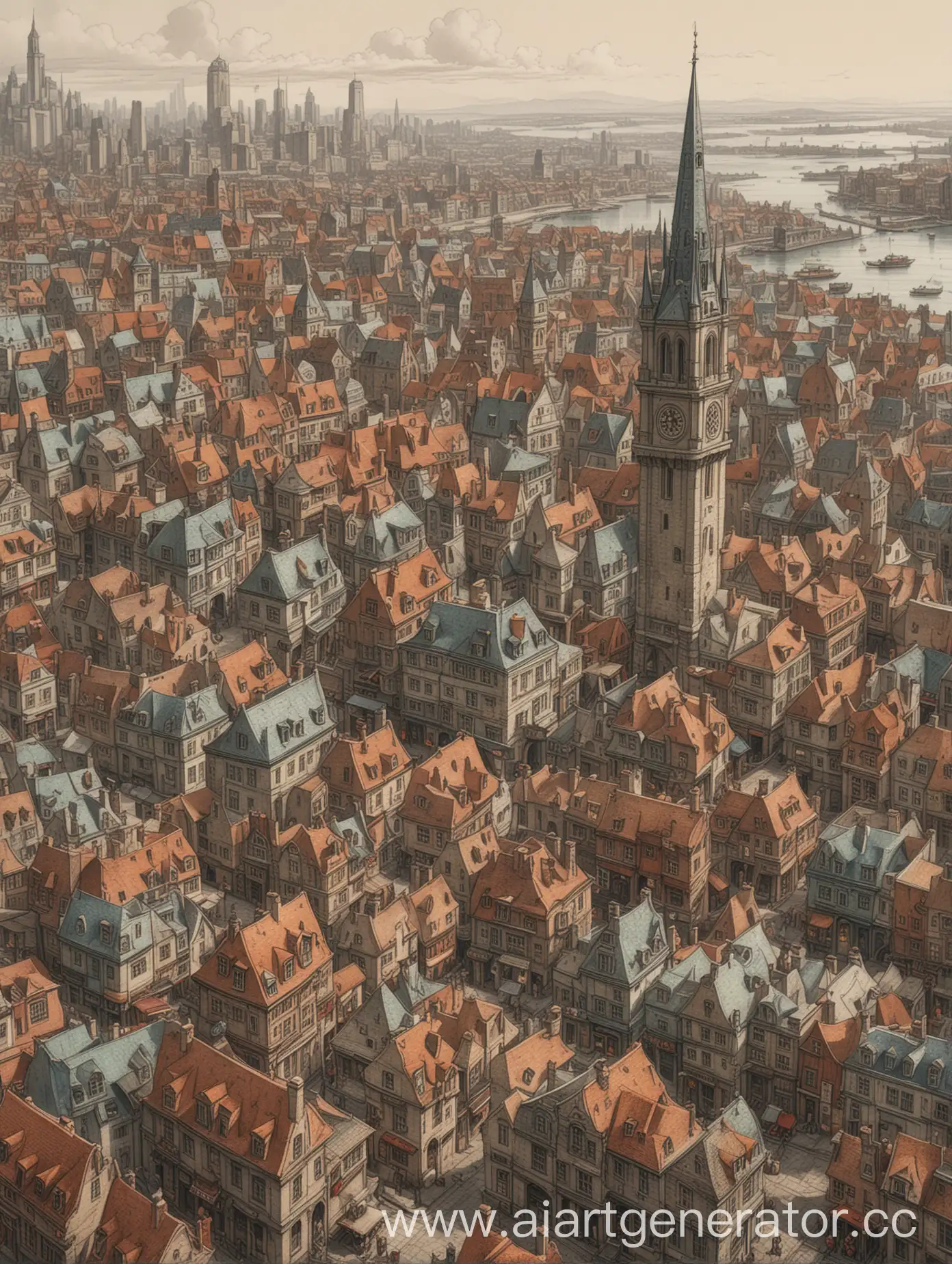 (best quality, masterpiece, detail, 8k) Colored pencil sketches, Picture of a city, from the modern period, in a light steampunk style, for the cover of the dnd company, Neutral mood, intricate, detailed, high resolution, high res, high quality, <lora:add-detail-xl:1.8>, highly detailed, Extremely high-resolution details, fine texture, vertical orientation