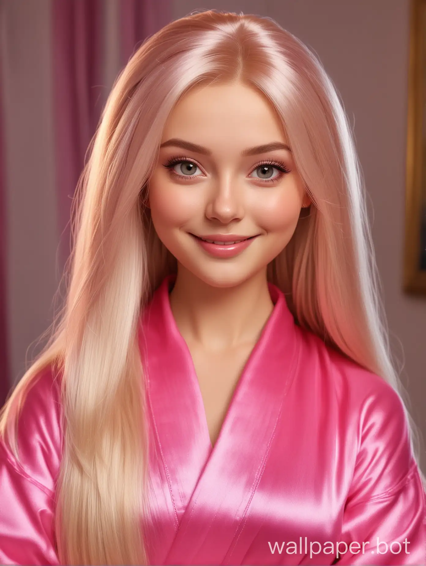 Realistic Disney Russian Sweet Cutie Alyonushka with long straight silky hair Smiling in Pink fuchsia Silk Robe