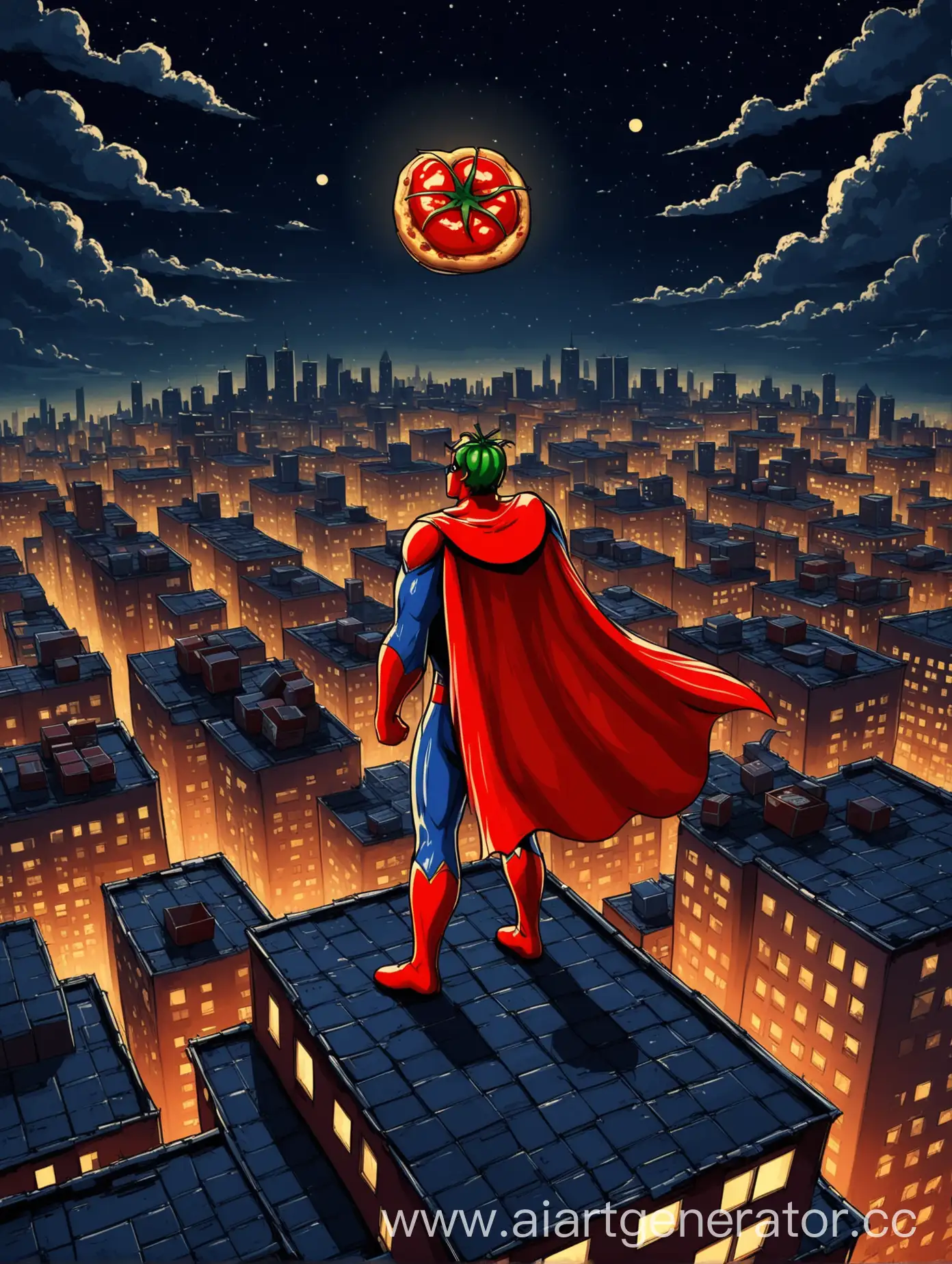 помидор супергерой в плаще  стоит на краю крыши ночного города с коробками пиццы