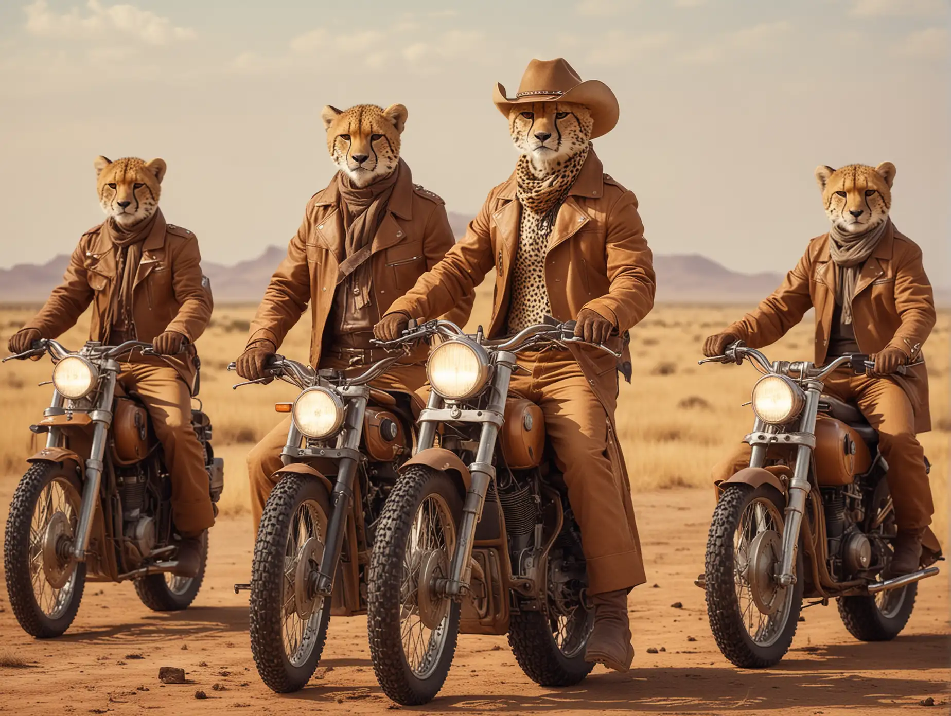 a futuristic group of cheetah-tiger-human cowboys in brown coats with cowboy tech-hats and tech-binoculars on their head. They are riding on big futuristic tech motorbikes.
The background is a savanna