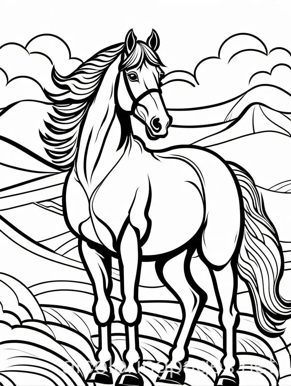Horse, Coloring Page, black and white, line art, white background, Simplicity, Ample White Space. The background of the coloring page is plain white to make it easy for young children to color within the lines. The outlines of all the subjects are easy to distinguish, making it simple for kids to color without too much difficulty, Coloring Page, black and white, line art, white background, Simplicity, Ample White Space. The background of the coloring page is plain white to make it easy for young children to color within the lines. The outlines of all the subjects are easy to distinguish, making it simple for kids to color without too much difficulty