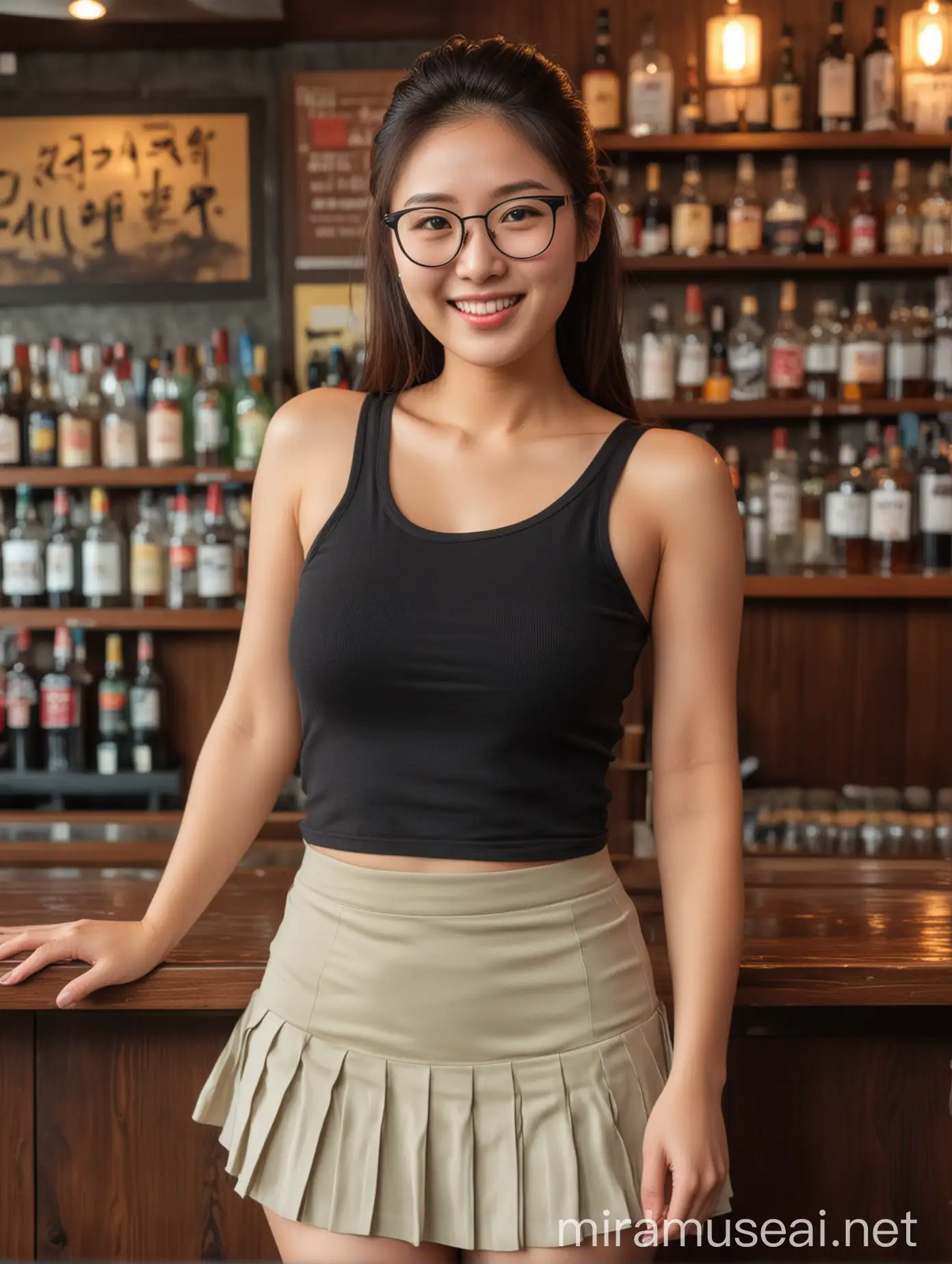 Young Korean woman, hair in a half-up, half-down style with glasses, in a fitted tank top and a short pleated skirt, inside a bar, a subtle, knowing smile.